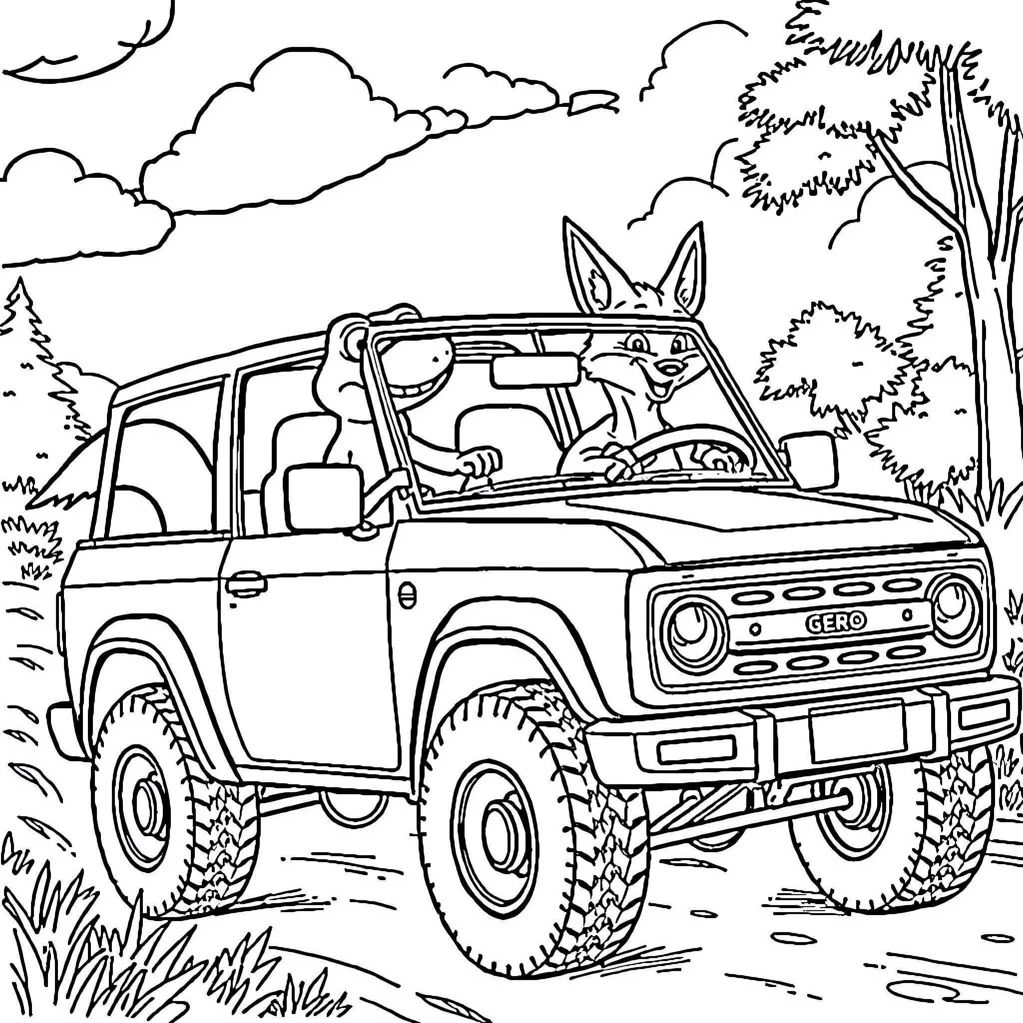 Lizard taking an off-road adventure in a rugged vehicle Coloring Page (free black-and-white line drawing printable PDF for all, from beginners to advanced learners, including children, teens, adults, and seniors)