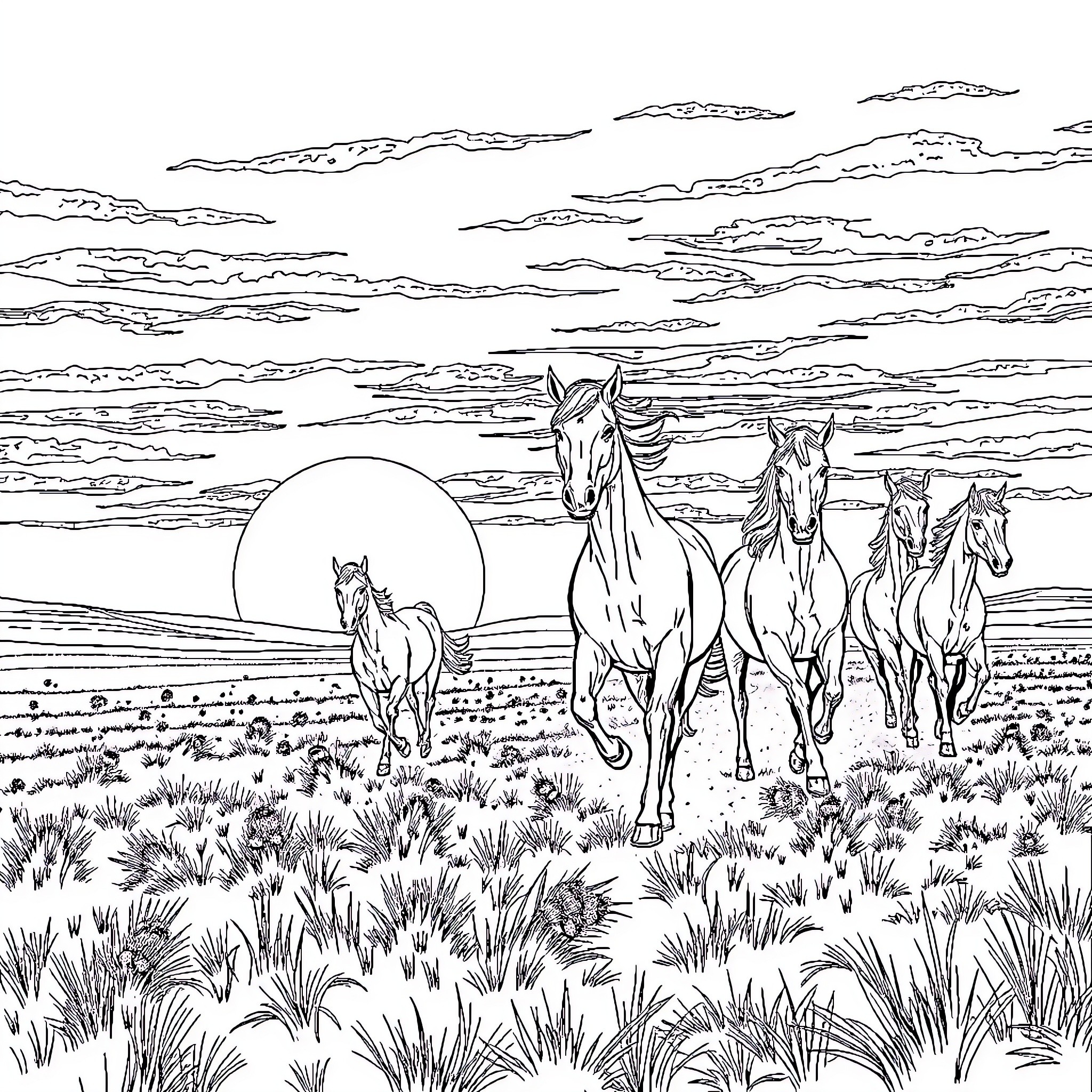 Horse Herd Galloping Across the Sunset Landscape Coloring Page (free black-and-white line drawing printable PDF for all, from beginners to advanced learners, including children, teens, adults, and seniors)