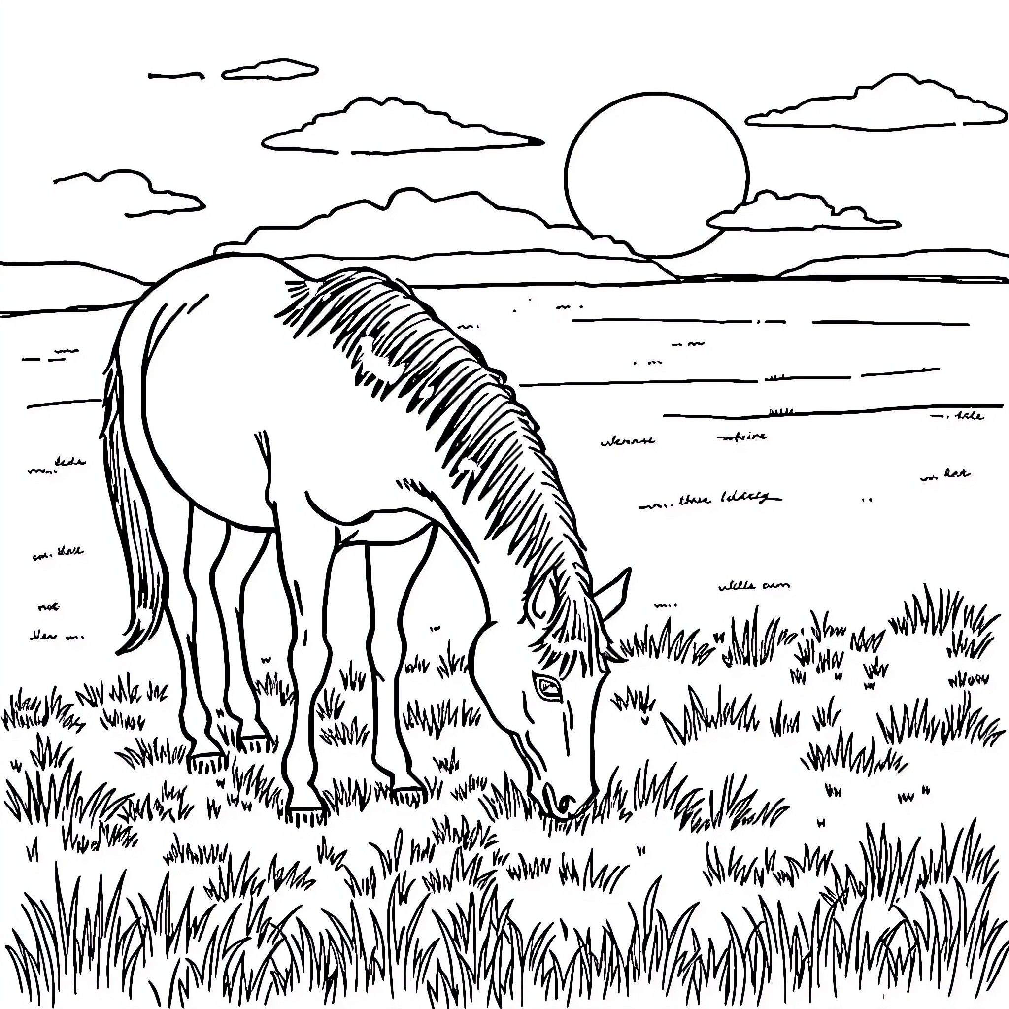 Horse grazing peacefully in the countryside landscape Coloring Page (free black-and-white line drawing printable PDF for all, from beginners to advanced learners, including children, teens, adults, and seniors)