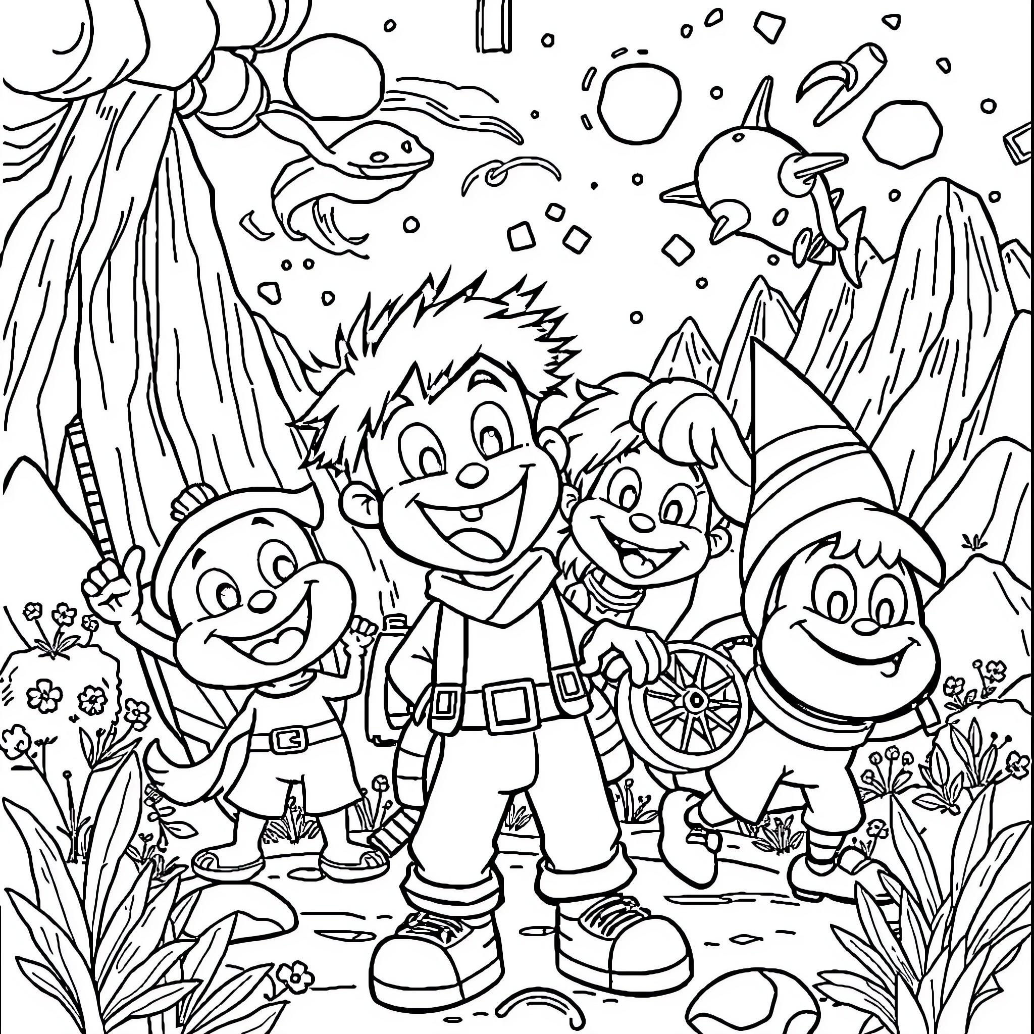 Cartoon Characters Exploring Underwater Adventure Coloring Page (free black-and-white line drawing printable PDF for all, from beginners to advanced learners, including children, teens, adults, and seniors)