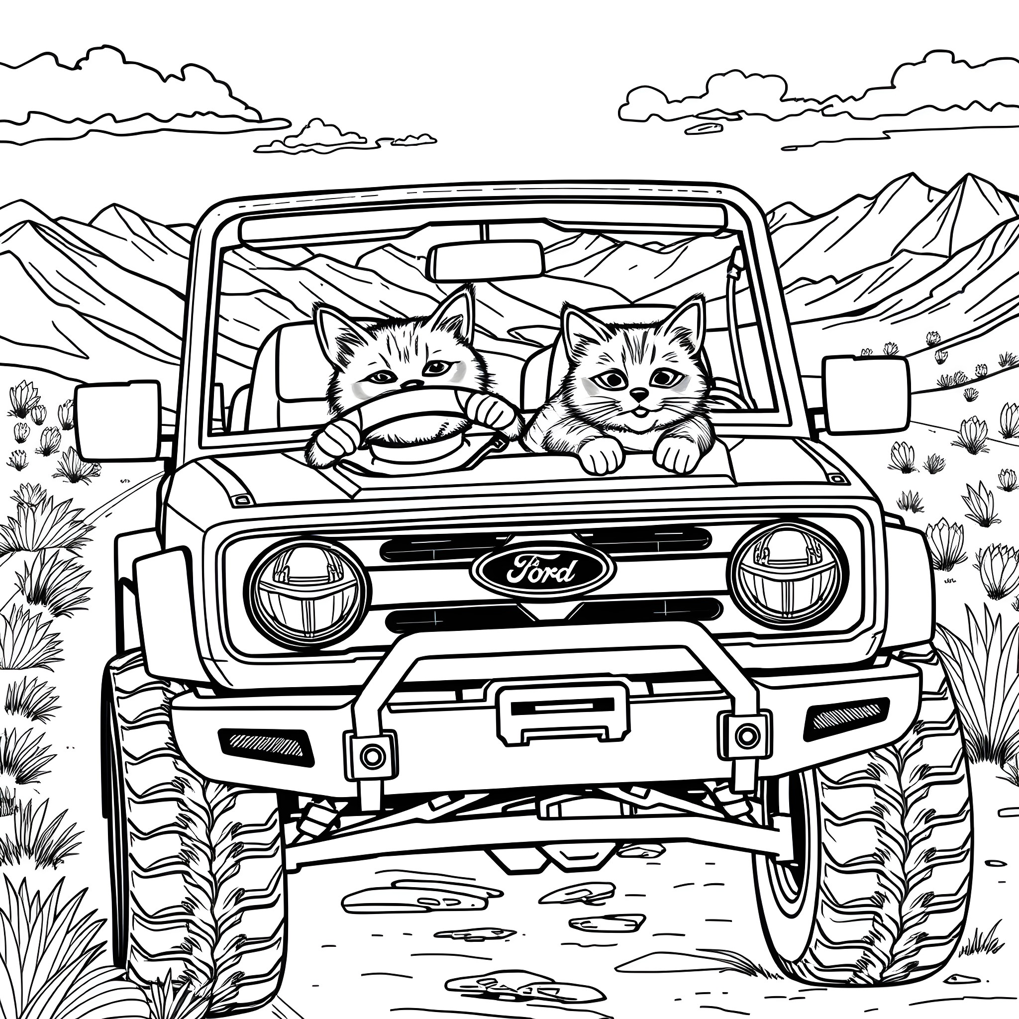 Cats driving a Ford Bronco in the mountains Coloring Page (free black-and-white line drawing printable PDF for all, from beginners to advanced learners, including children, teens, adults, and seniors)