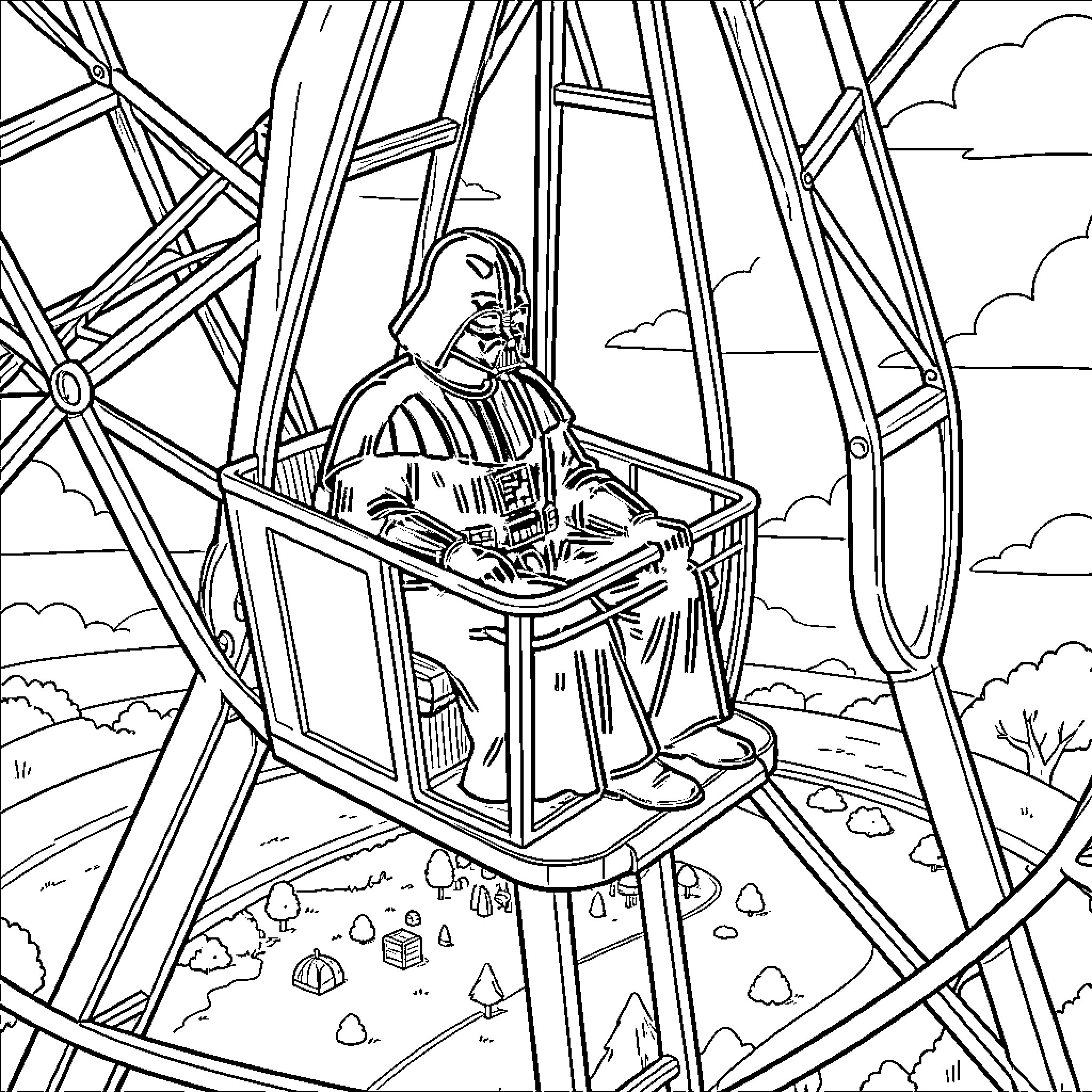 Darth Vader sitting in a Ferris wheel gondola Coloring Page (free black-and-white line drawing printable PDF for all, from beginners to advanced learners, including children, teens, adults, and seniors)