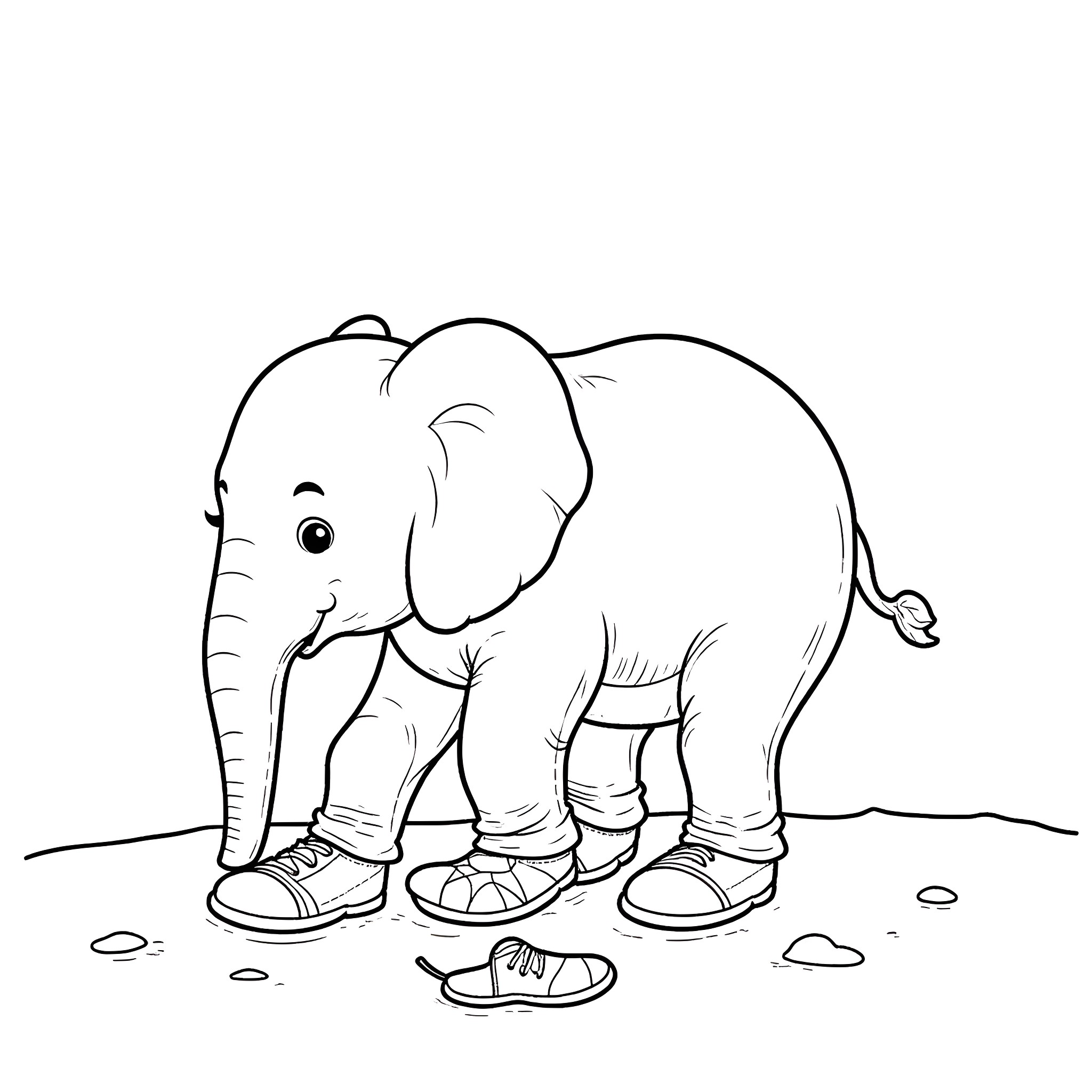 Elephant wearing sneakers on the ground Coloring Page (free black-and-white line drawing printable PDF for all, from beginners to advanced learners, including children, teens, adults, and seniors)