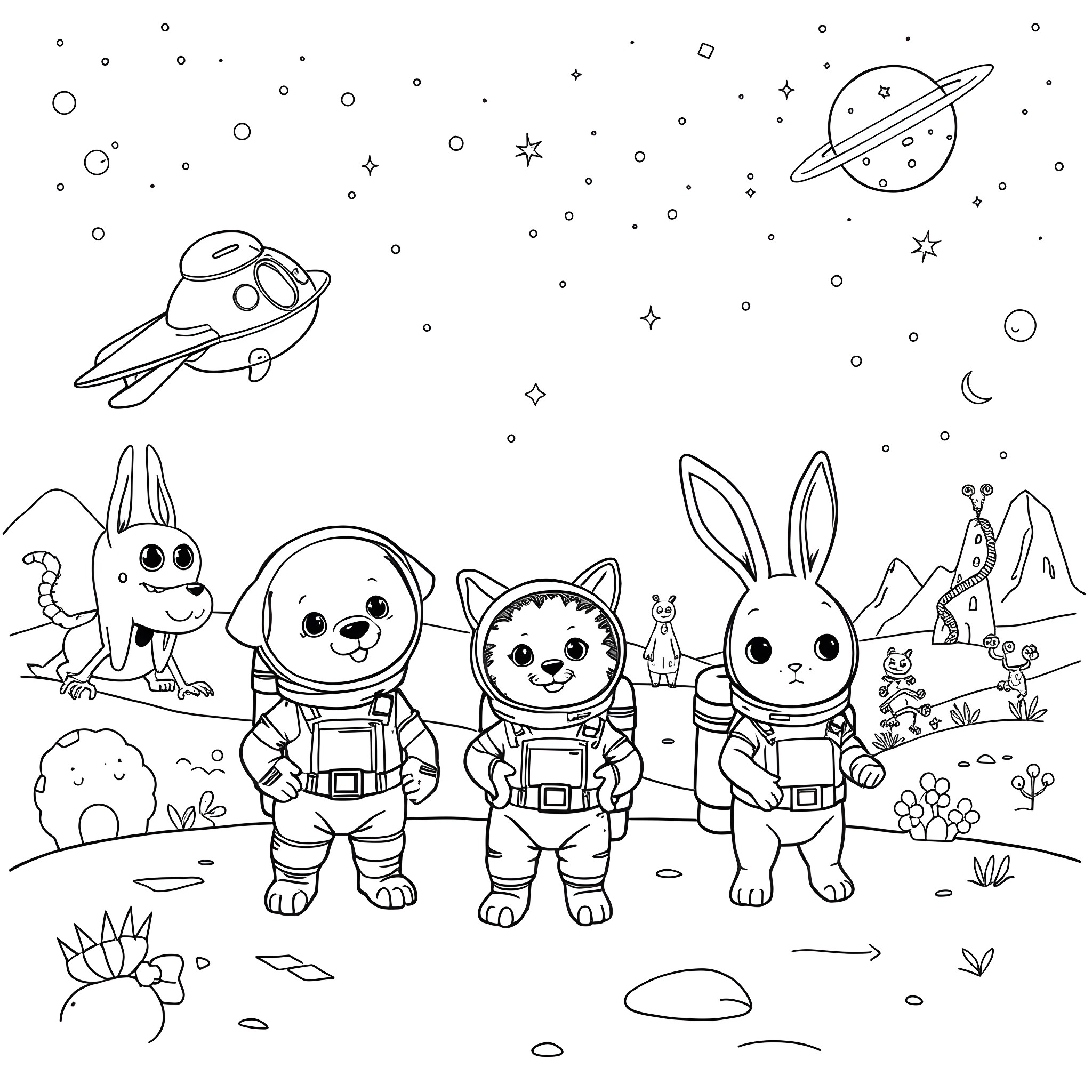 Alien Astronauts Exploring Cosmic Landscapes Coloring Page (free black-and-white line drawing printable PDF for all, from beginners to advanced learners, including children, teens, adults, and seniors)
