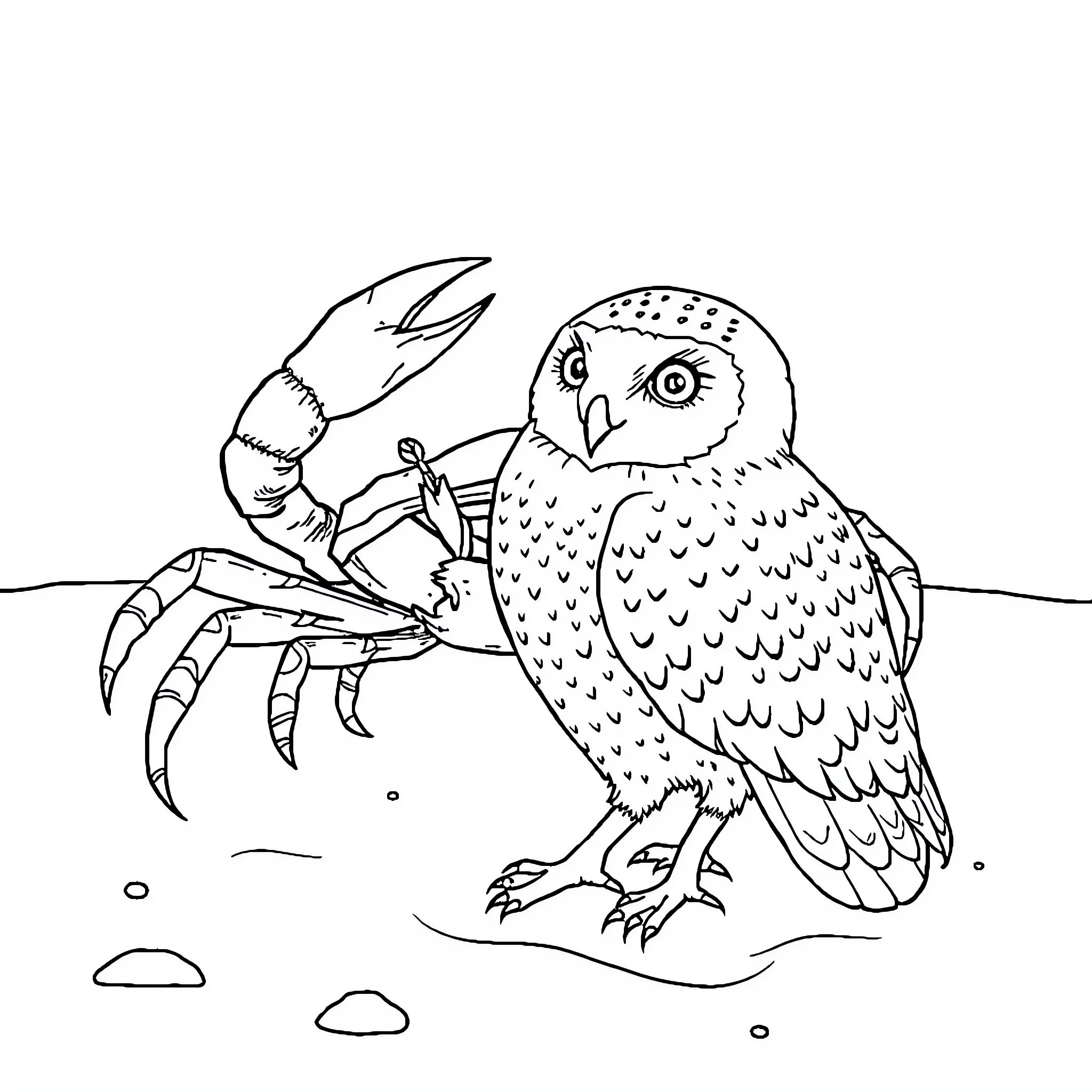 Crab and Owl in Playful Encounter Coloring Page (free black-and-white line drawing printable PDF for all, from beginners to advanced learners, including children, teens, adults, and seniors)