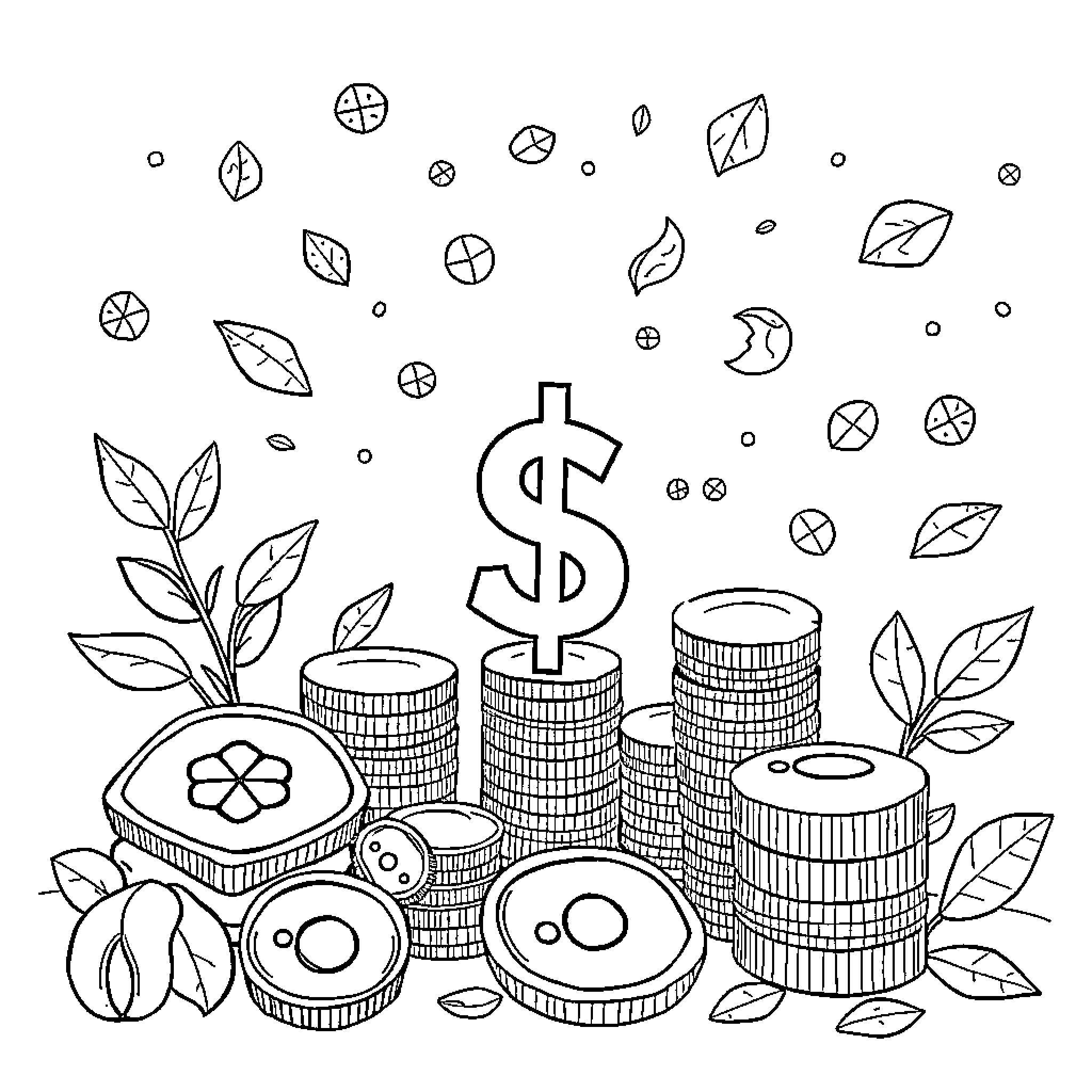 Finance symbols and money stacks with nature elements Coloring Page (free black-and-white line drawing printable PDF for all, from beginners to advanced learners, including children, teens, adults, and seniors)