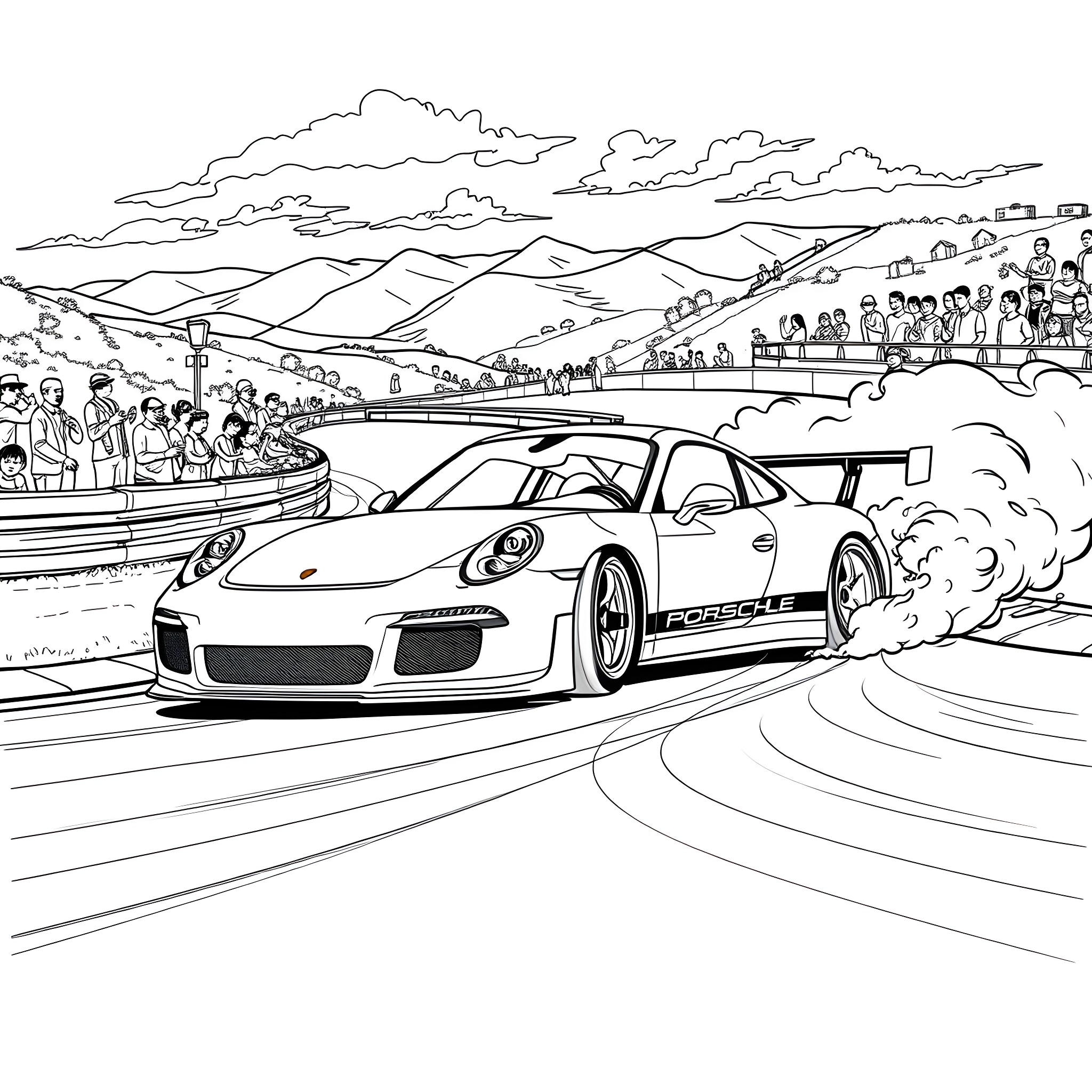 Porsche Racing on Winding Mountain Road Coloring Page (free black-and-white line drawing printable PDF for all, from beginners to advanced learners, including children, teens, adults, and seniors)