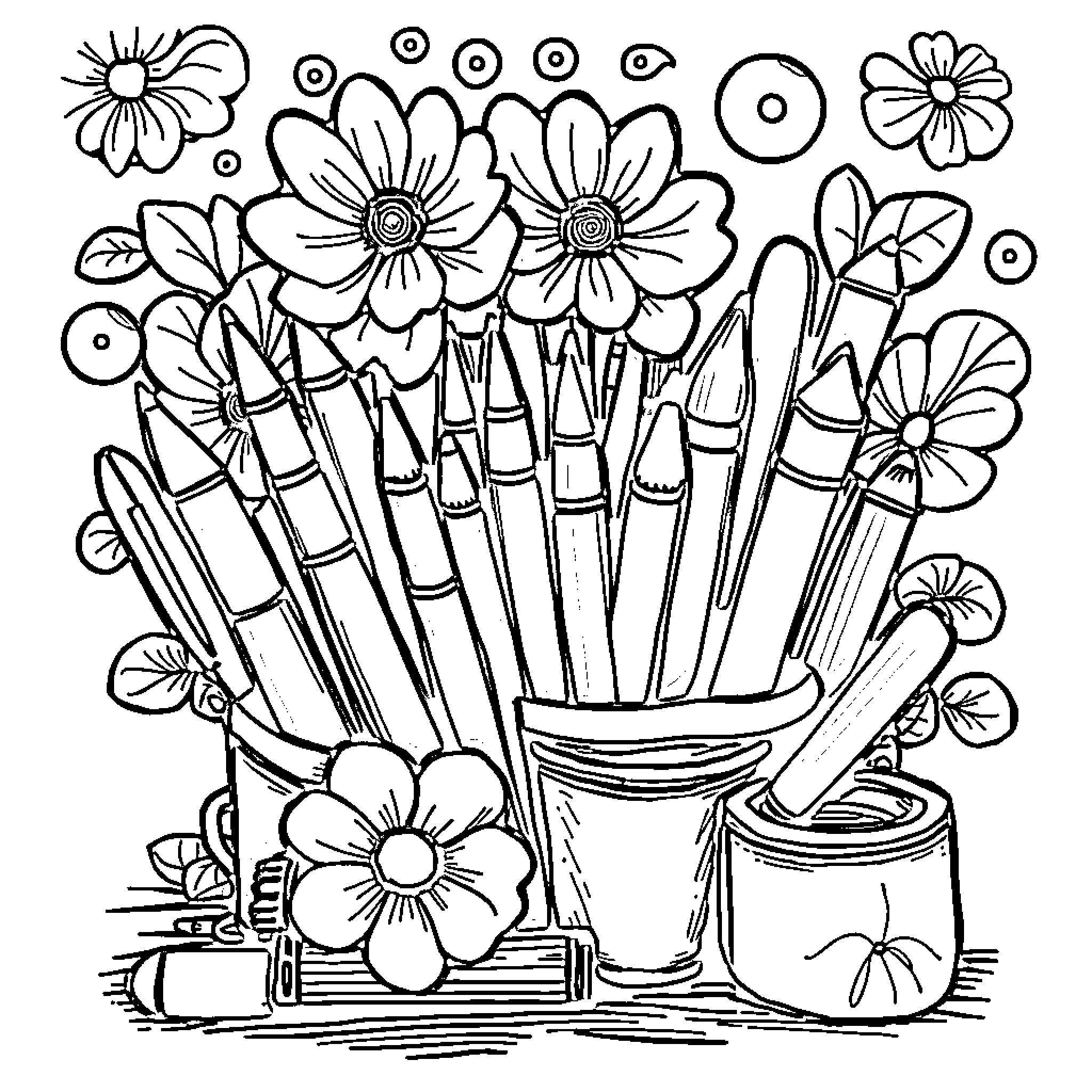 Stationery items and flowers in a pot Coloring Page (free black-and-white line drawing printable PDF for all, from beginners to advanced learners, including children, teens, adults, and seniors)