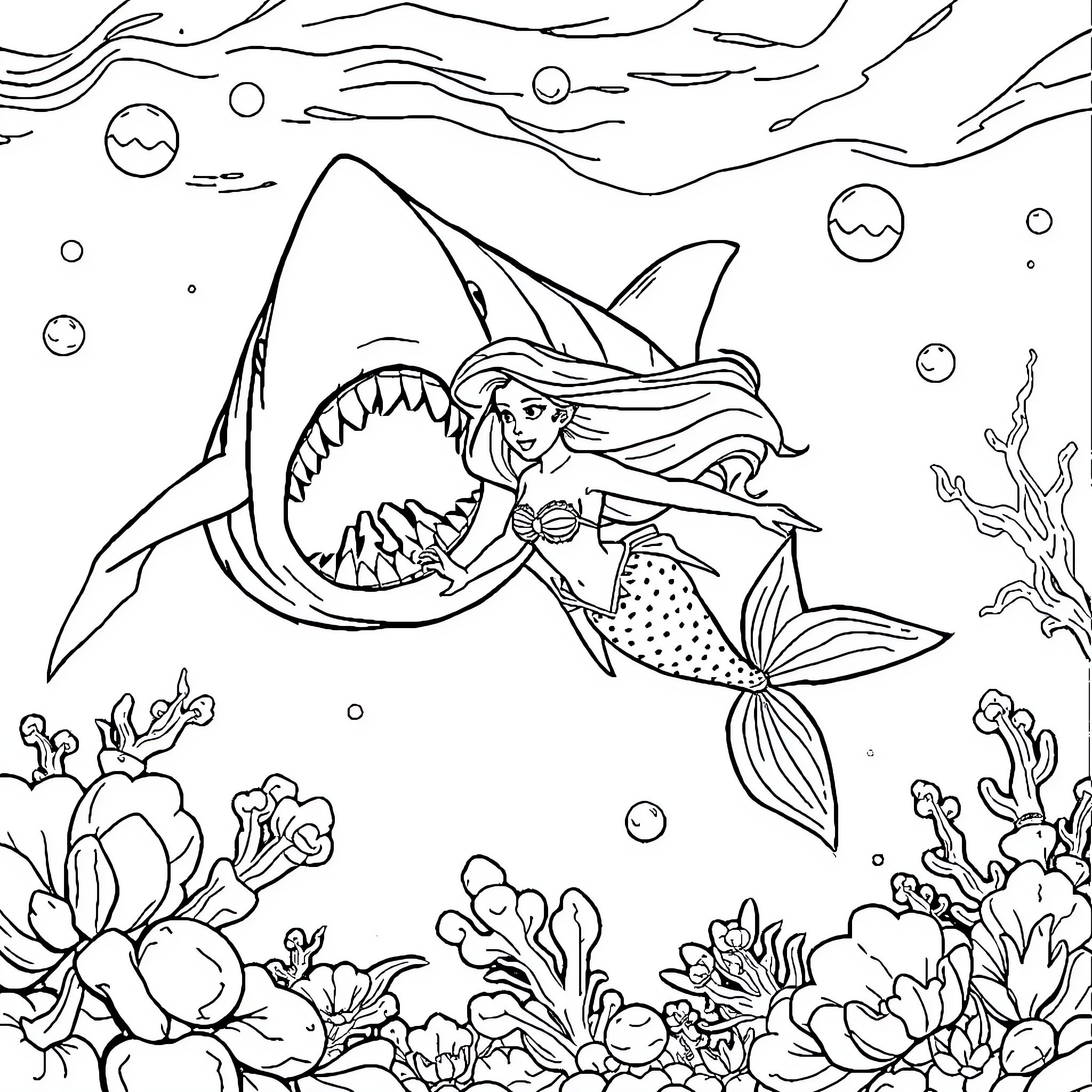 Ariel encounters a curious shark in the deep sea Coloring Page (free black-and-white line drawing printable PDF for all, from beginners to advanced learners, including children, teens, adults, and seniors)