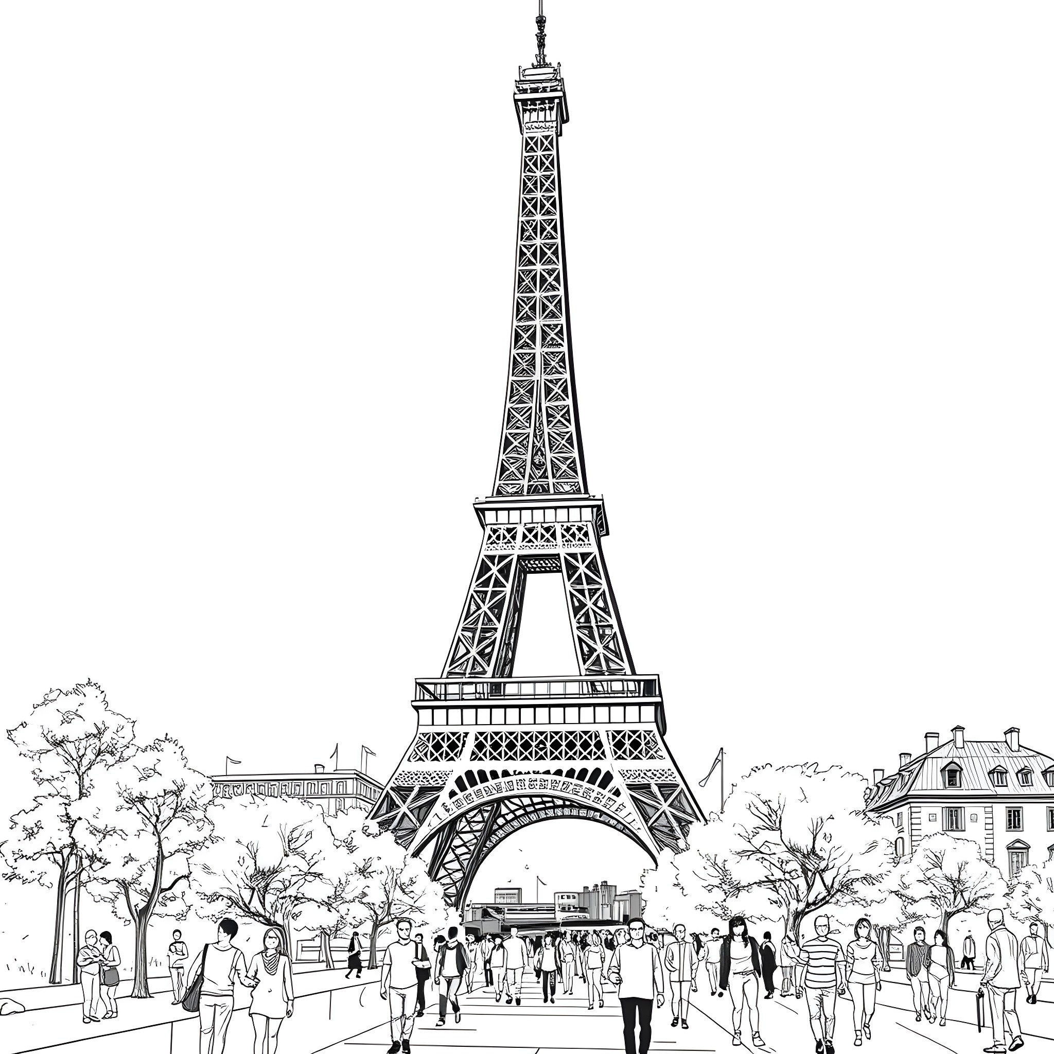Eiffel Tower with Lively Crowd of Tourists Coloring Page (free black-and-white line drawing printable PDF for all, from beginners to advanced learners, including children, teens, adults, and seniors)