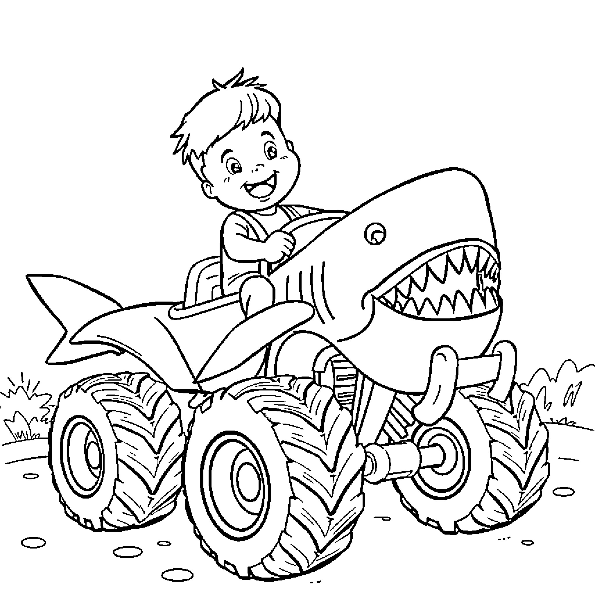 Toddler riding a monster truck with a shark Coloring Page (free black-and-white line drawing printable PDF for all, from beginners to advanced learners, including children, teens, adults, and seniors)