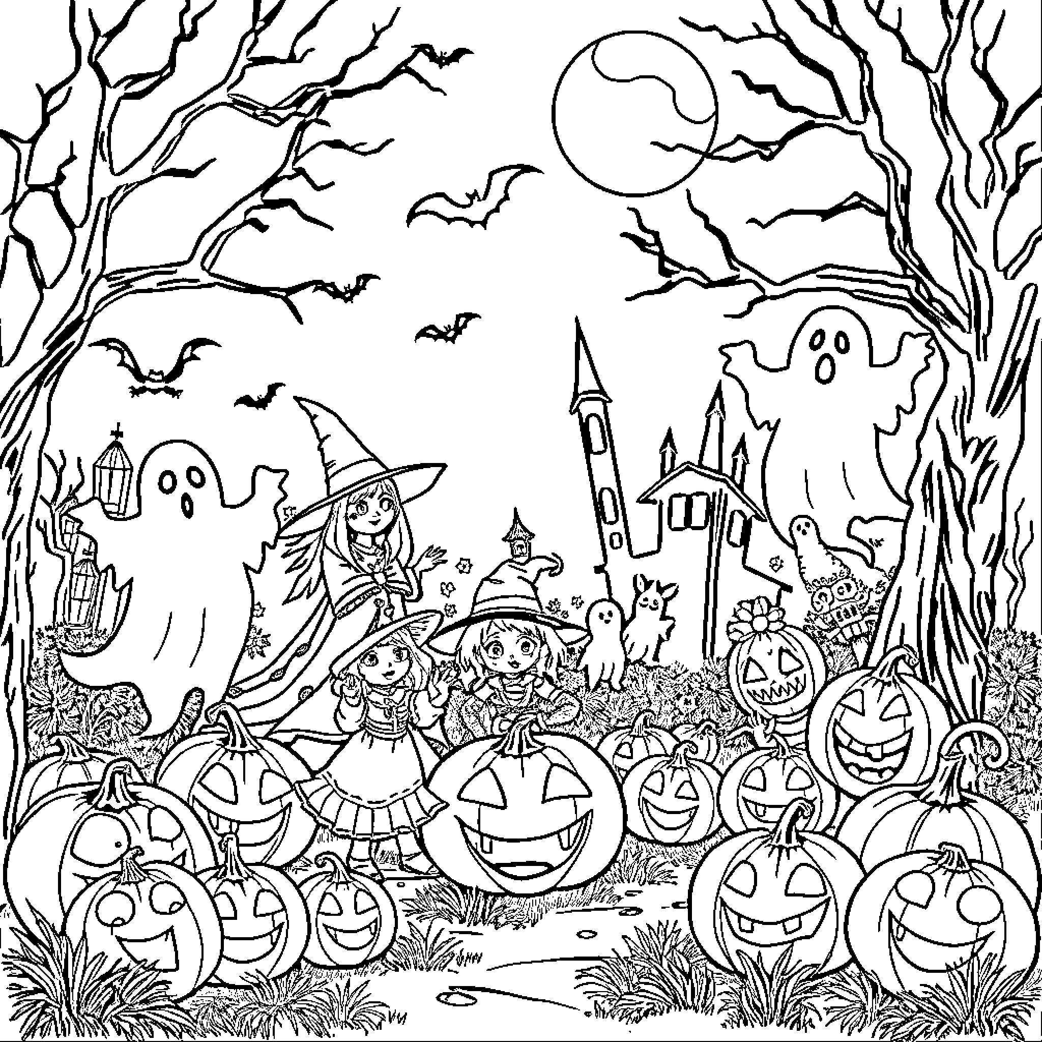 Halloween Spooky Scenes and Creepy Characters Coloring Page (free black-and-white line drawing printable PDF for all, from beginners to advanced learners, including children, teens, adults, and seniors)