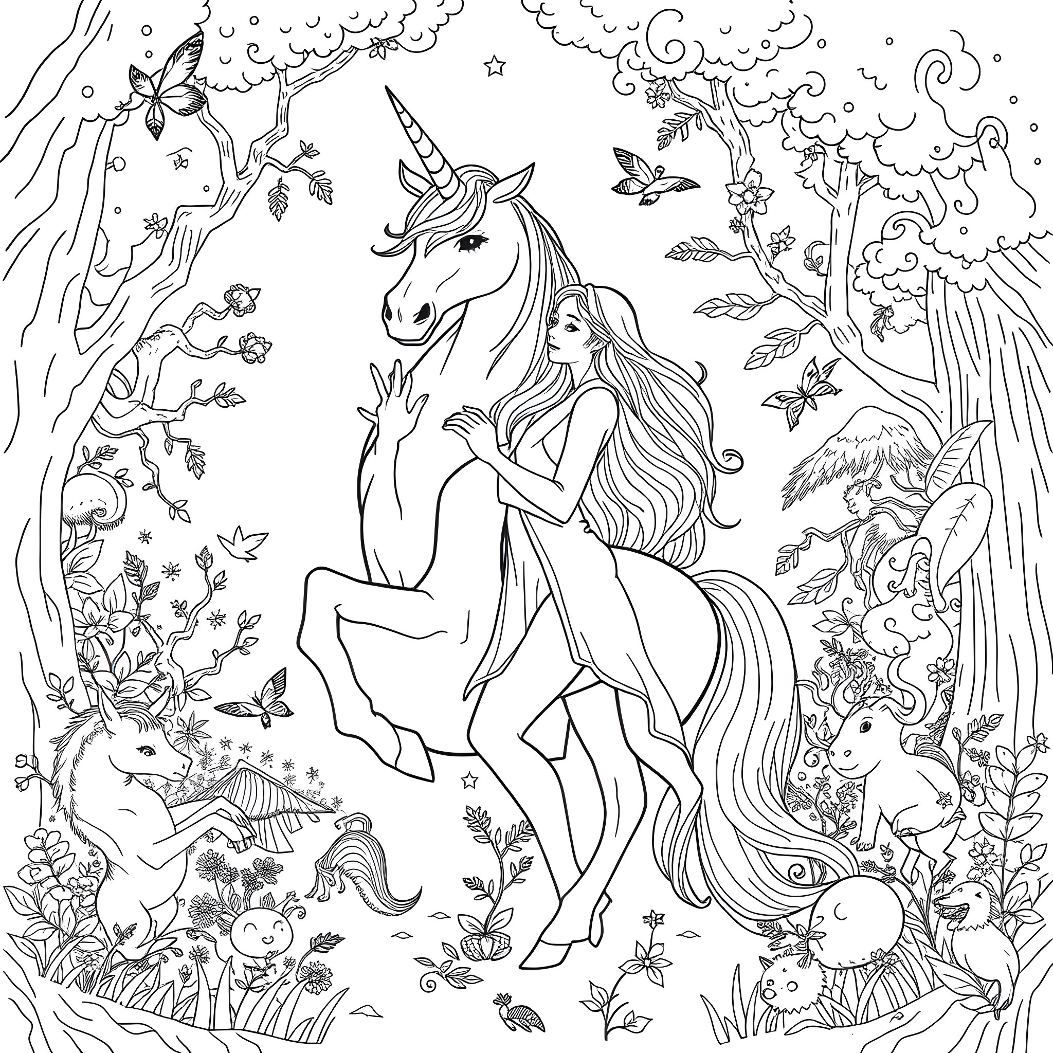 Lady with Unicorn in Enchanted Forest Coloring Page (free black-and-white line drawing printable PDF for all, from beginners to advanced learners, including children, teens, adults, and seniors)