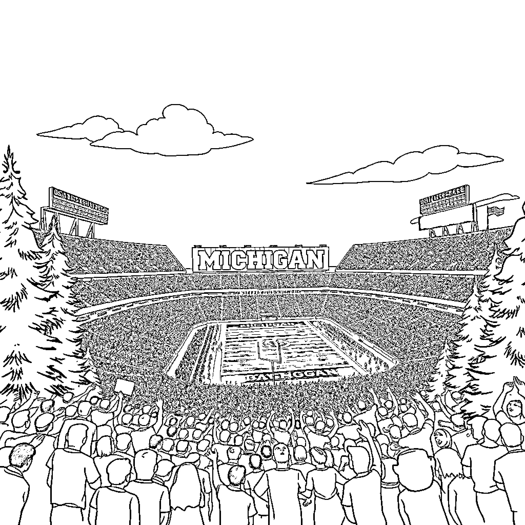 Stadium filled with excited spectators Coloring Page (free black-and-white line drawing printable PDF for all, from beginners to advanced learners, including children, teens, adults, and seniors)