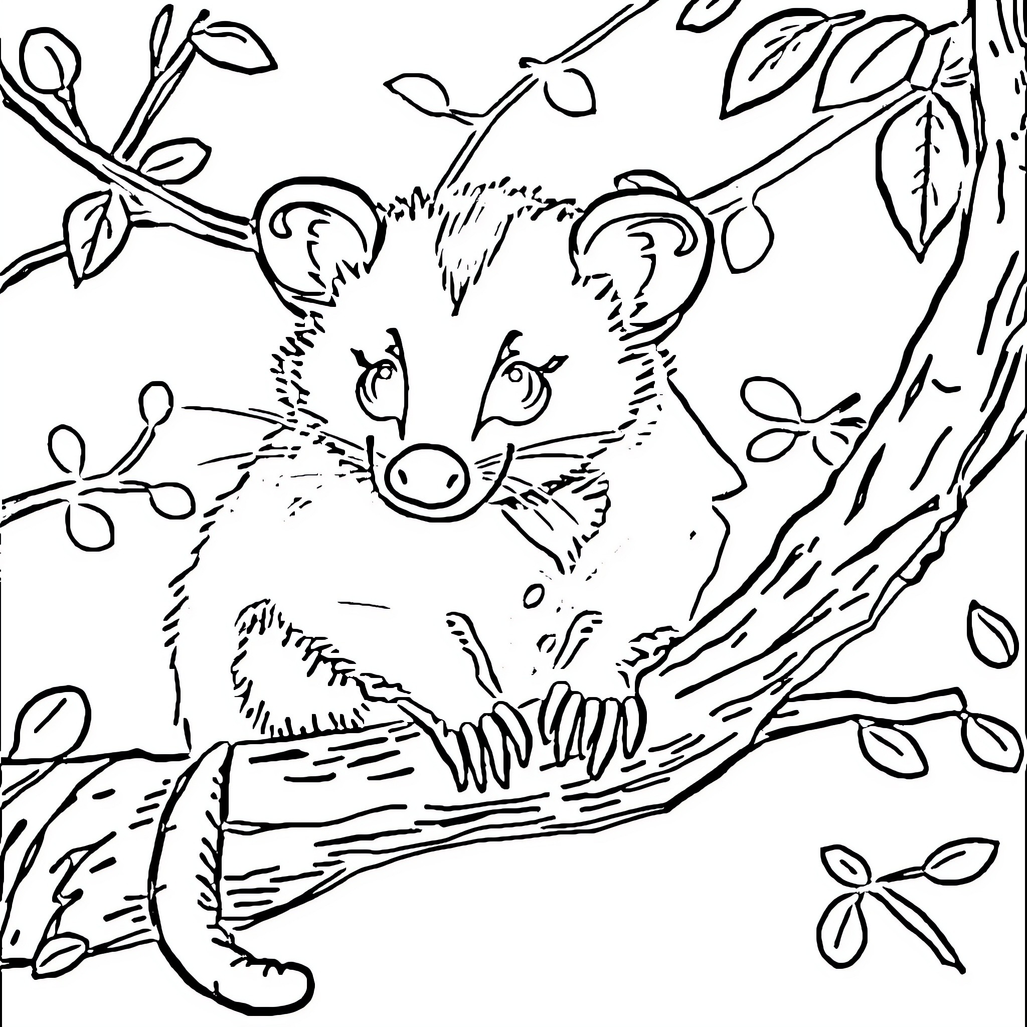 Opossum exploring a cozy tree branch Coloring Page (free black-and-white line drawing printable PDF for all, from beginners to advanced learners, including children, teens, adults, and seniors)