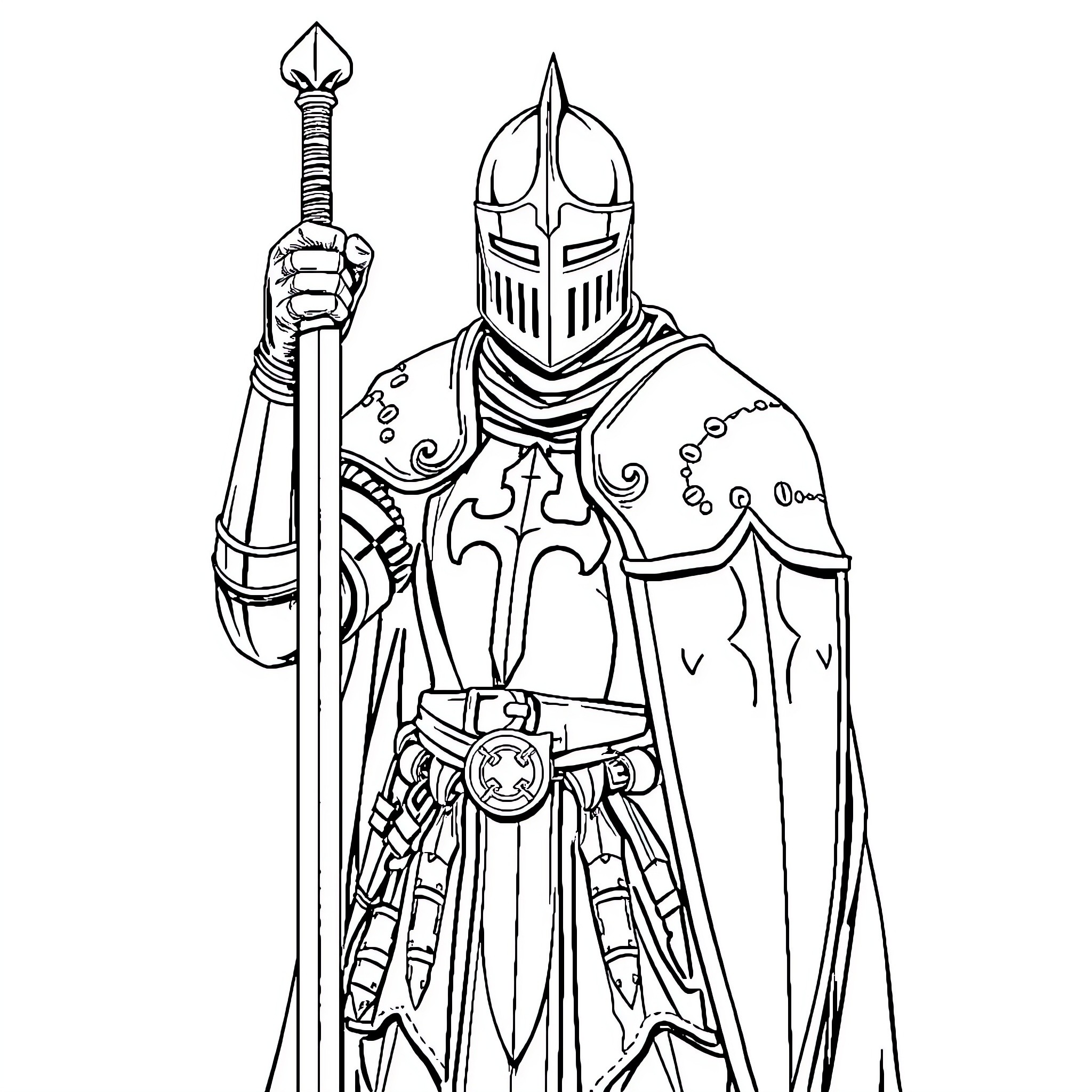Templar Knight in Regal Attire with Ceremonial Sword Coloring Page (free black-and-white line drawing printable PDF for all, from beginners to advanced learners, including children, teens, adults, and seniors)