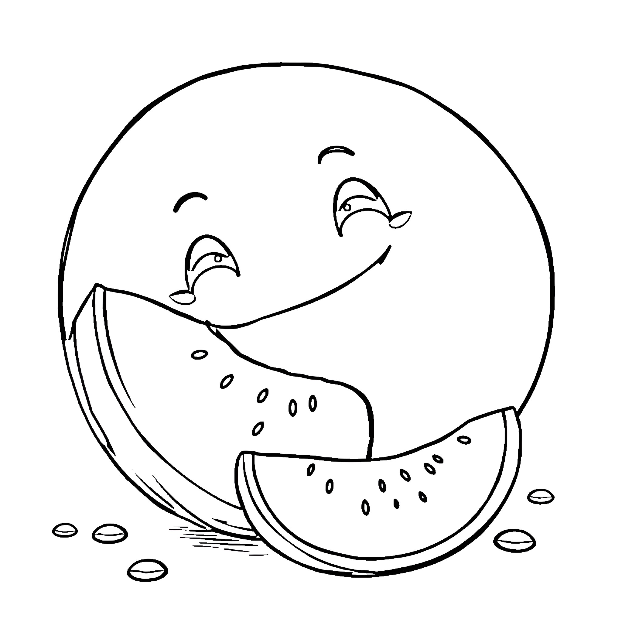 Watermelon slicing into happy smiles Coloring Page (free black-and-white line drawing printable PDF for all, from beginners to advanced learners, including children, teens, adults, and seniors)