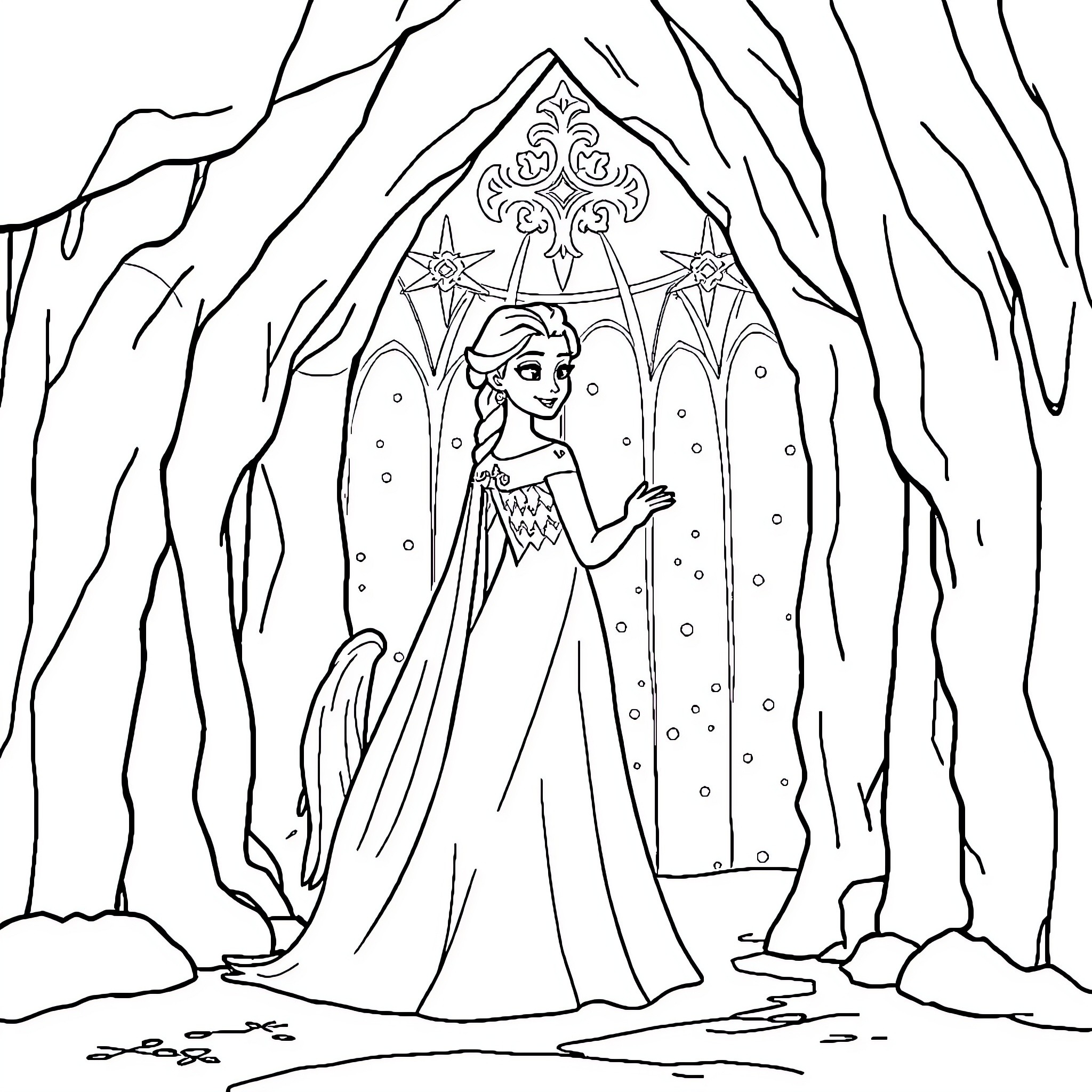 Elsa in her icy palace Coloring Page (free black-and-white line drawing printable PDF for all, from beginners to advanced learners, including children, teens, adults, and seniors)