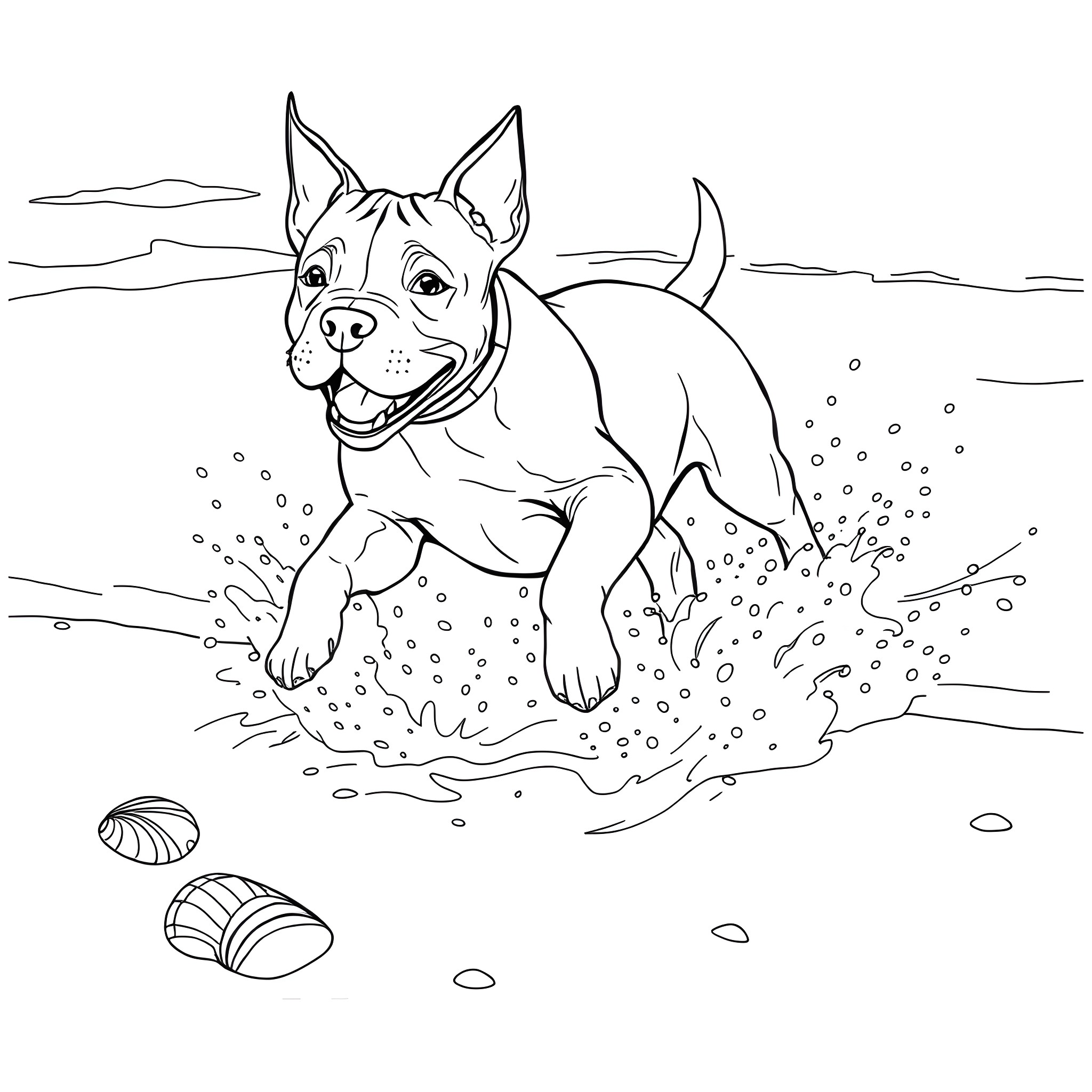 Pit Bull Playing Happily in the Beach Coloring Page (free black-and-white line drawing printable PDF for all, from beginners to advanced learners, including children, teens, adults, and seniors)