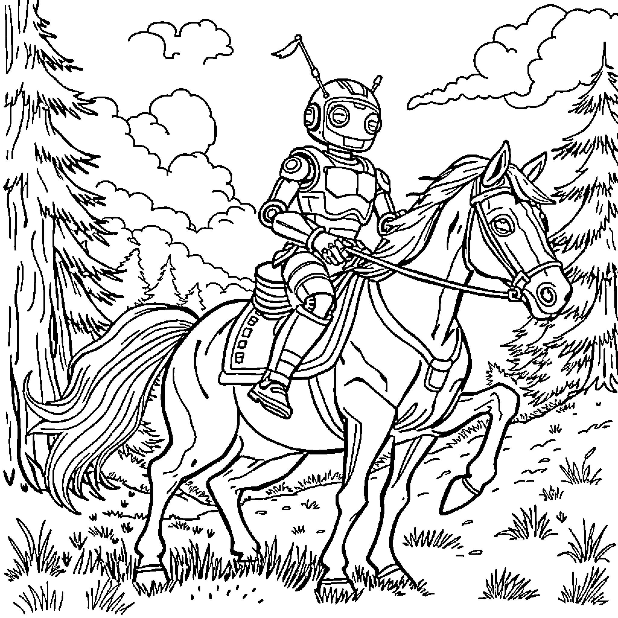 Robot Riding Horse Through Forested Landscape Coloring Page (free black-and-white line drawing printable PDF for all, from beginners to advanced learners, including children, teens, adults, and seniors)