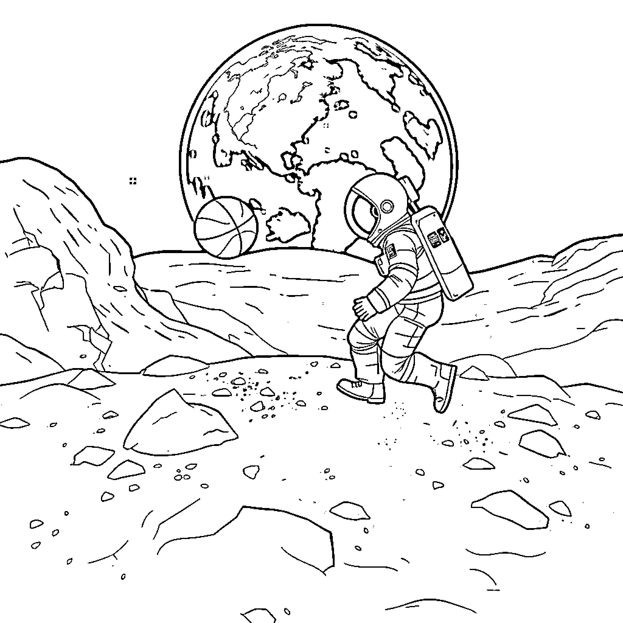 Astronaut exploring rocky landscape on the moon Coloring Page (free black-and-white line drawing printable PDF for all, from beginners to advanced learners, including children, teens, adults, and seniors)