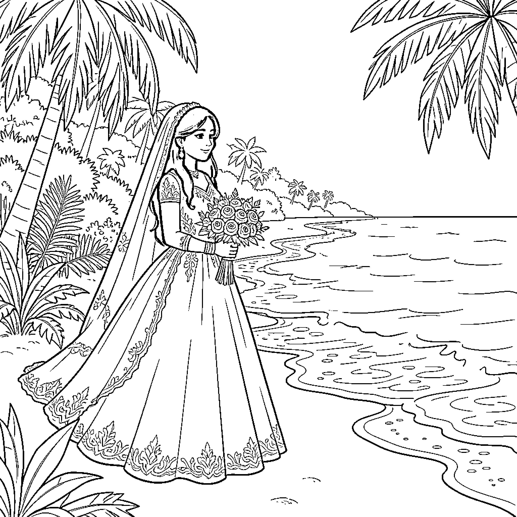 Bhumika in a wedding gown holding flowers on a beach Coloring Page (free black-and-white line drawing printable PDF for all, from beginners to advanced learners, including children, teens, adults, and seniors)