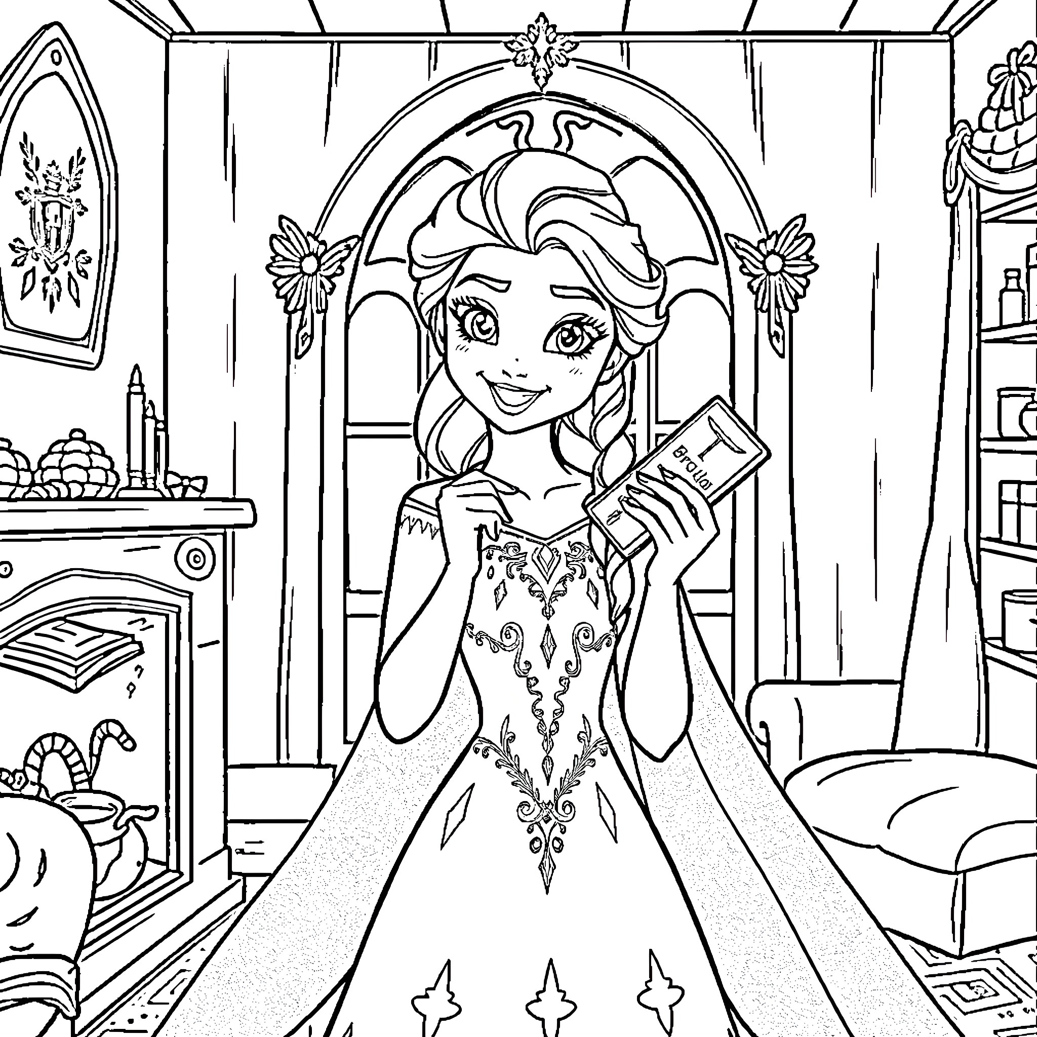 Elsa enjoying a cozy evening at home Coloring Page (free black-and-white line drawing printable PDF for all, from beginners to advanced learners, including children, teens, adults, and seniors)