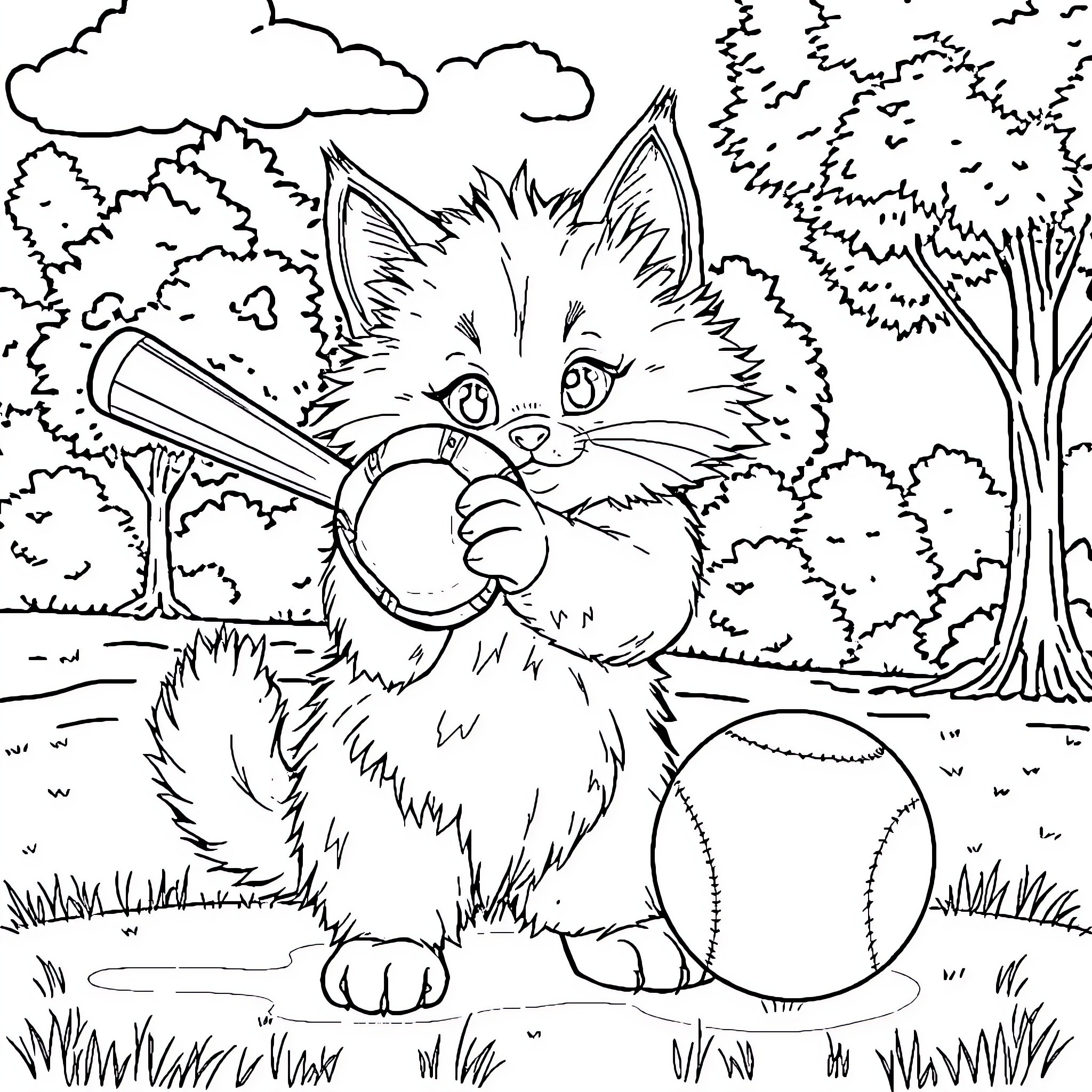 Cat playing with baseball in the park Coloring Page (free black-and-white line drawing printable PDF for all, from beginners to advanced learners, including children, teens, adults, and seniors)