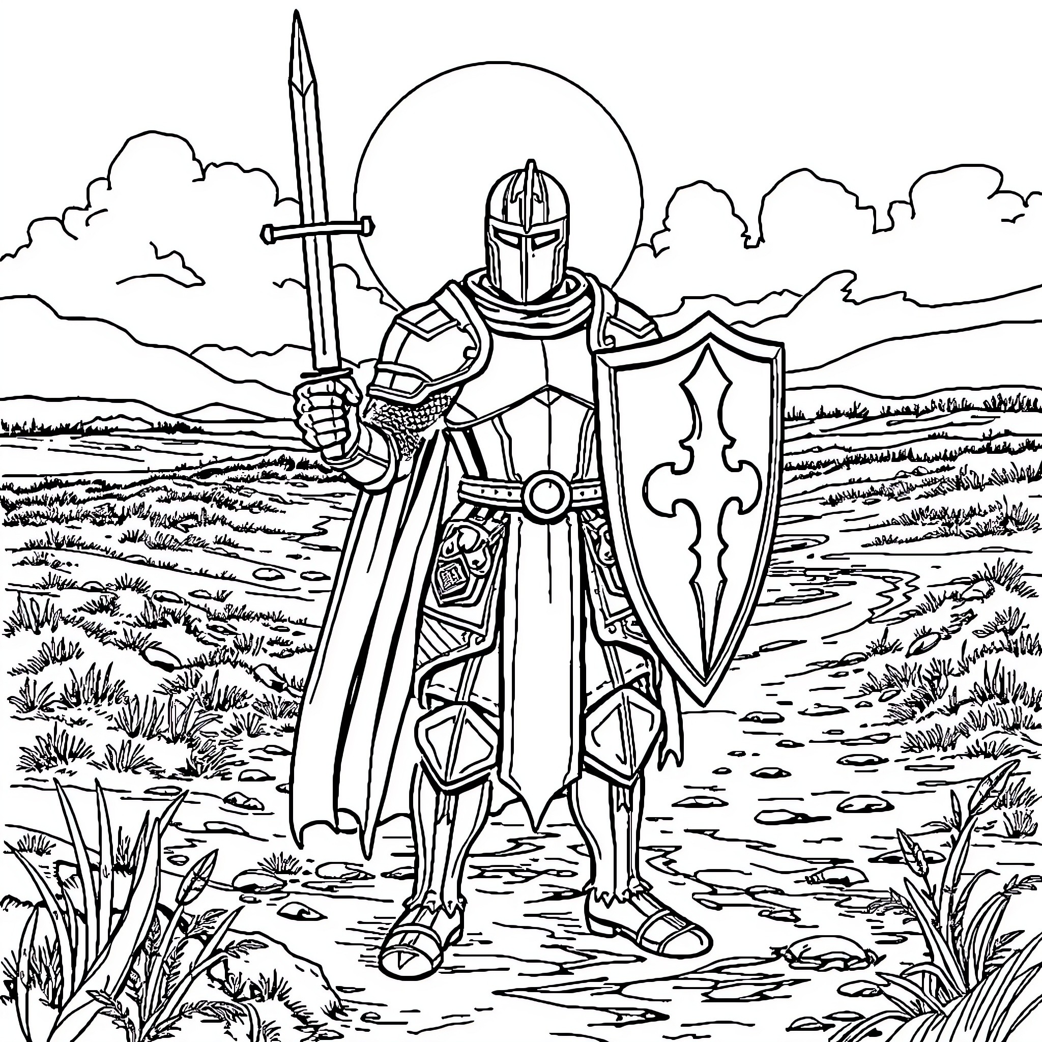 Knight Standing Tall with Sword and Shield Coloring Page (free black-and-white line drawing printable PDF for all, from beginners to advanced learners, including children, teens, adults, and seniors)