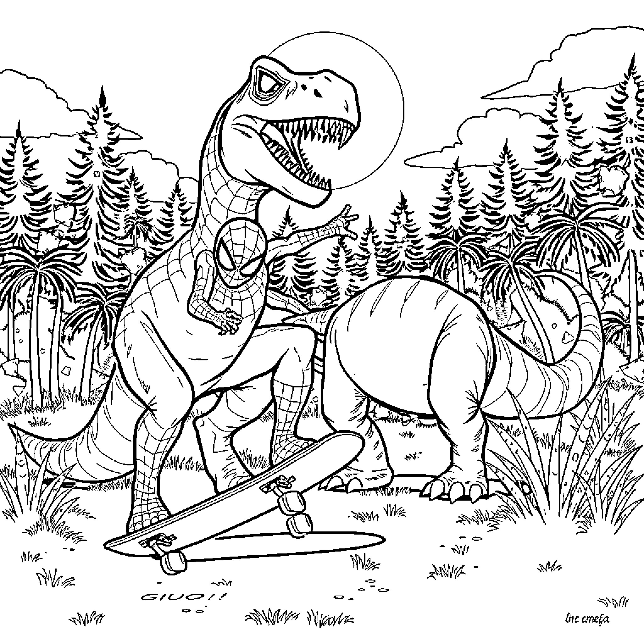 Spider-Man battles dinosaurs in jungle landscape Coloring Page (free black-and-white line drawing printable PDF for all, from beginners to advanced learners, including children, teens, adults, and seniors)