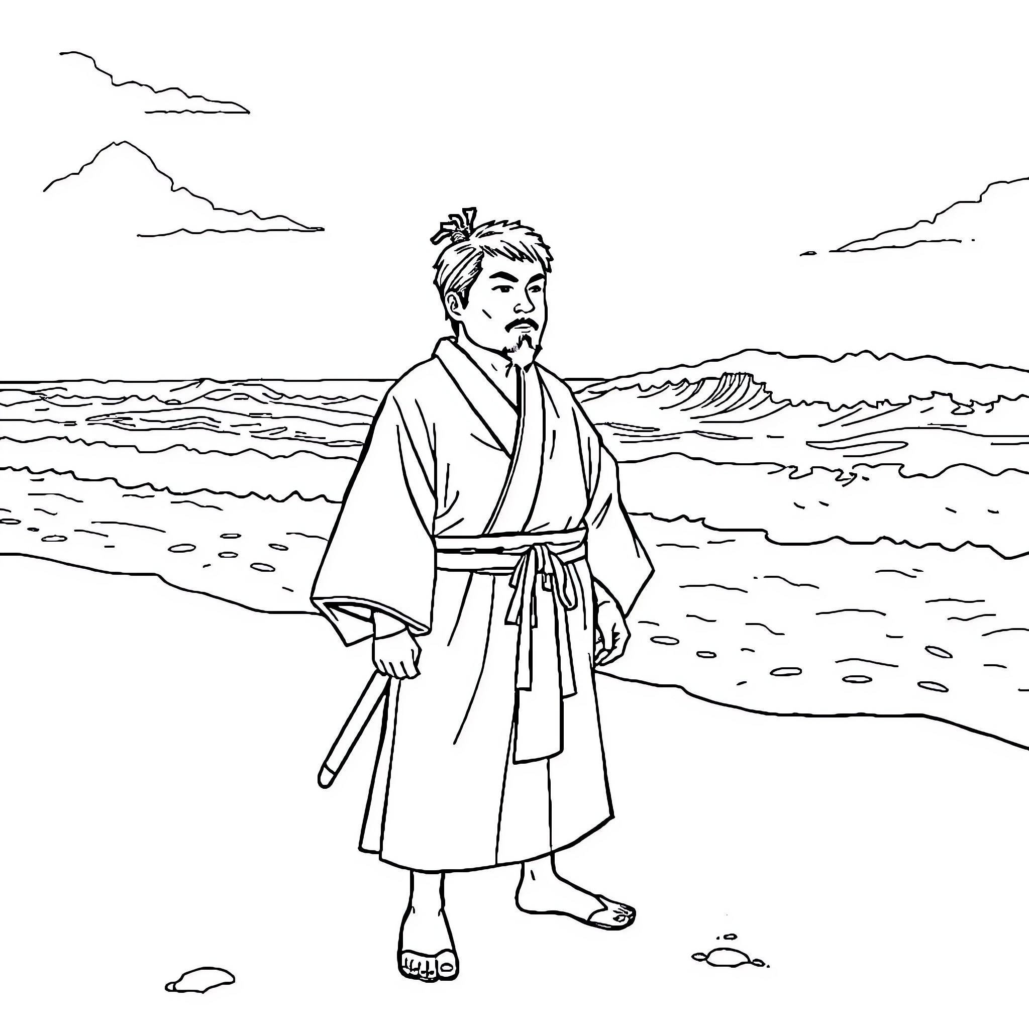 Tanjiro facing the vast ocean in contemplation Coloring Page (free black-and-white line drawing printable PDF for all, from beginners to advanced learners, including children, teens, adults, and seniors)