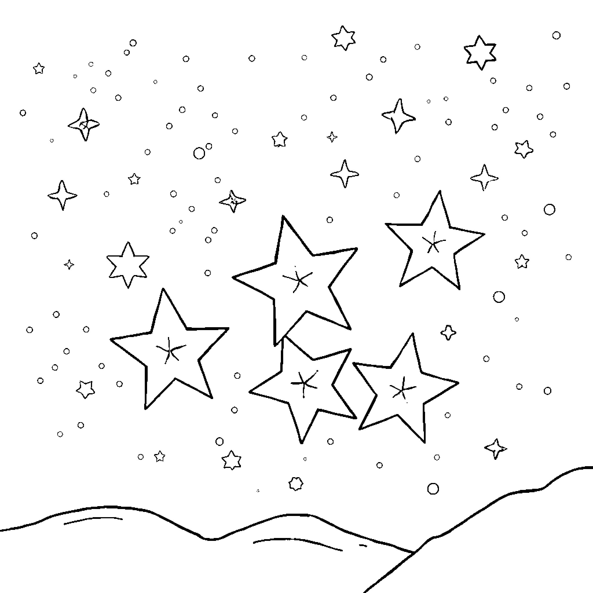 Star-shaped Celestial Elements in a Night Sky Coloring Page (free black-and-white line drawing printable PDF for all, from beginners to advanced learners, including children, teens, adults, and seniors)