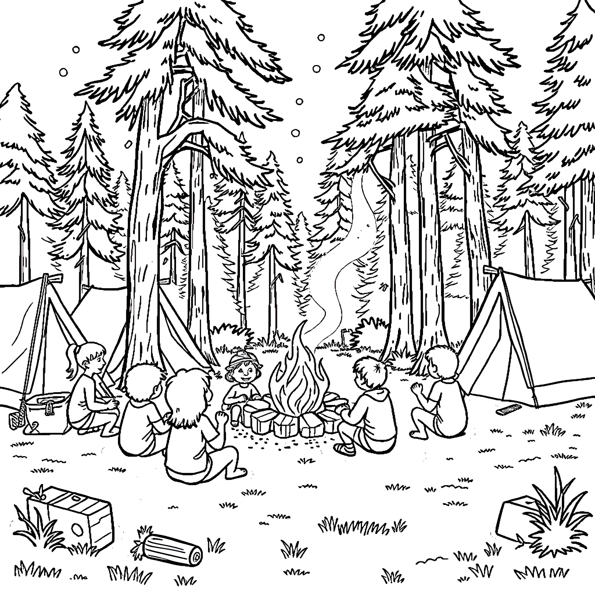 Camp in the Cozy Forest Coloring Page (free black-and-white line drawing printable PDF for all, from beginners to advanced learners, including children, teens, adults, and seniors)