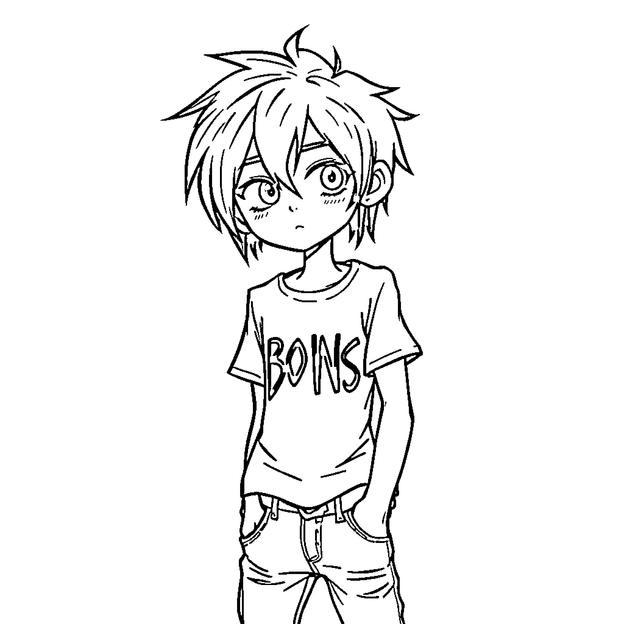 Emo Boy Wearing Punk T-shirt and Casual Outfit Coloring Page (free black-and-white line drawing printable PDF for all, from beginners to advanced learners, including children, teens, adults, and seniors)