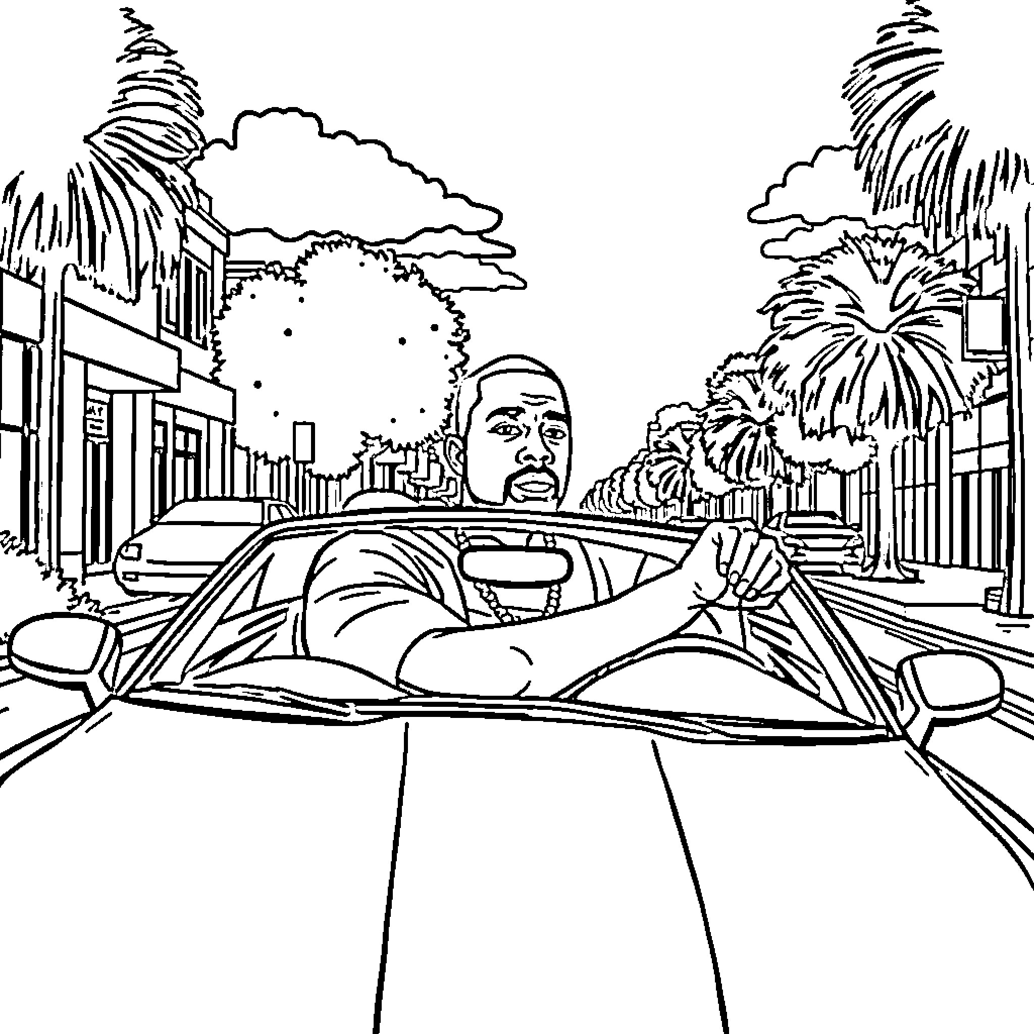 Kanye West driving in a convertible on a palm tree-lined street Coloring Page (free black-and-white line drawing printable PDF for all, from beginners to advanced learners, including children, teens, adults, and seniors)