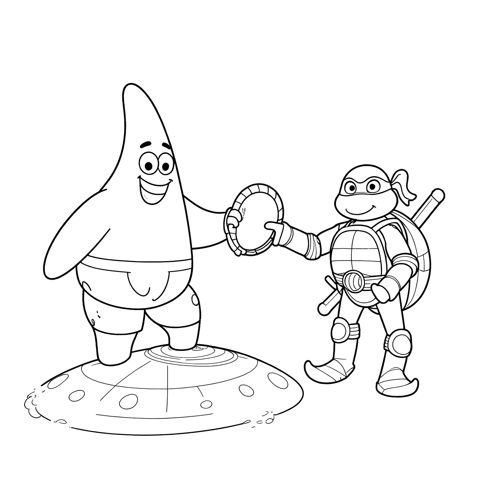 Patrick Star and Raphael the Turtle interacting playfully Coloring Page (free black-and-white line drawing printable PDF for all, from beginners to advanced learners, including children, teens, adults, and seniors)