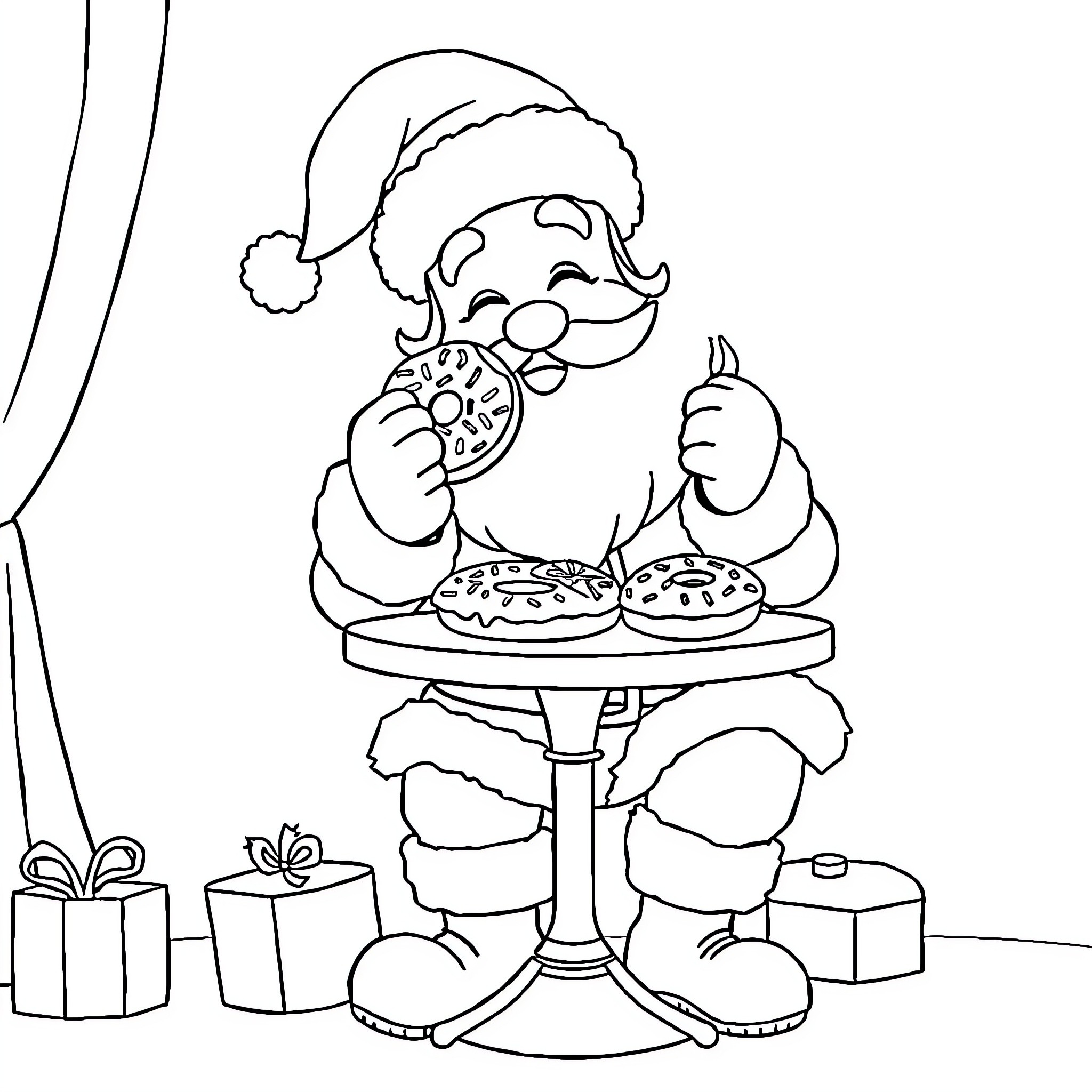 Santa enjoying holiday treats and gifts Coloring Page (free black-and-white line drawing printable PDF for all, from beginners to advanced learners, including children, teens, adults, and seniors)