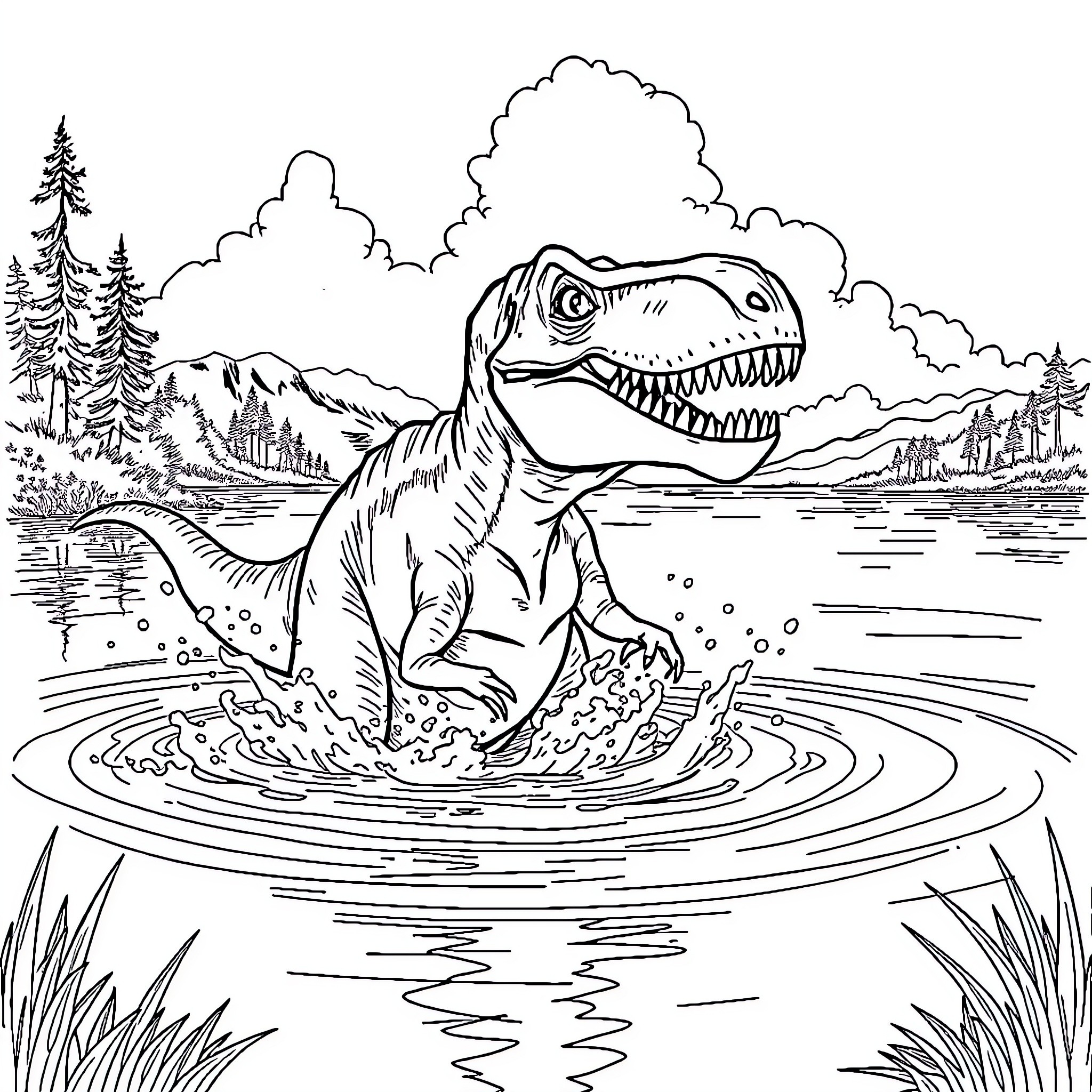 T-Rex Splashing in Pond with Forest Backdrop Coloring Page (free black-and-white line drawing printable PDF for all, from beginners to advanced learners, including children, teens, adults, and seniors)