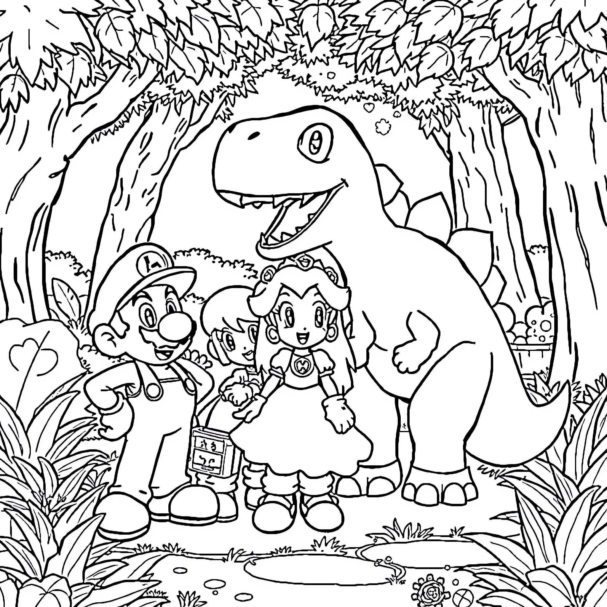 Dinosaur friends explore the forest together Coloring Page (free black-and-white line drawing printable PDF for all, from beginners to advanced learners, including children, teens, adults, and seniors)
