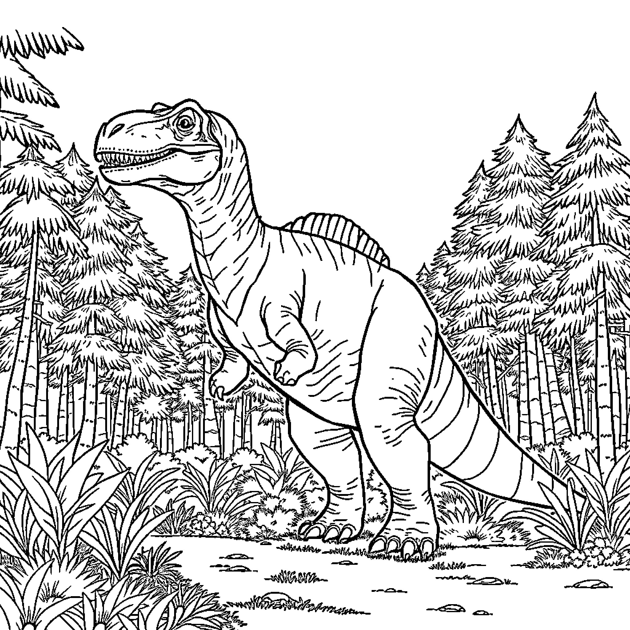Dinosaur exploring mysterious forest landscape Coloring Page (free black-and-white line drawing printable PDF for all, from beginners to advanced learners, including children, teens, adults, and seniors)