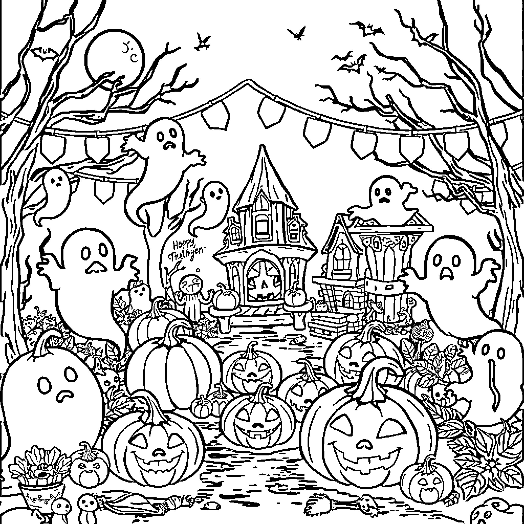 Huntirx's Haunted Halloween Hideaway Coloring Page (free black-and-white line drawing printable PDF for all, from beginners to advanced learners, including children, teens, adults, and seniors)