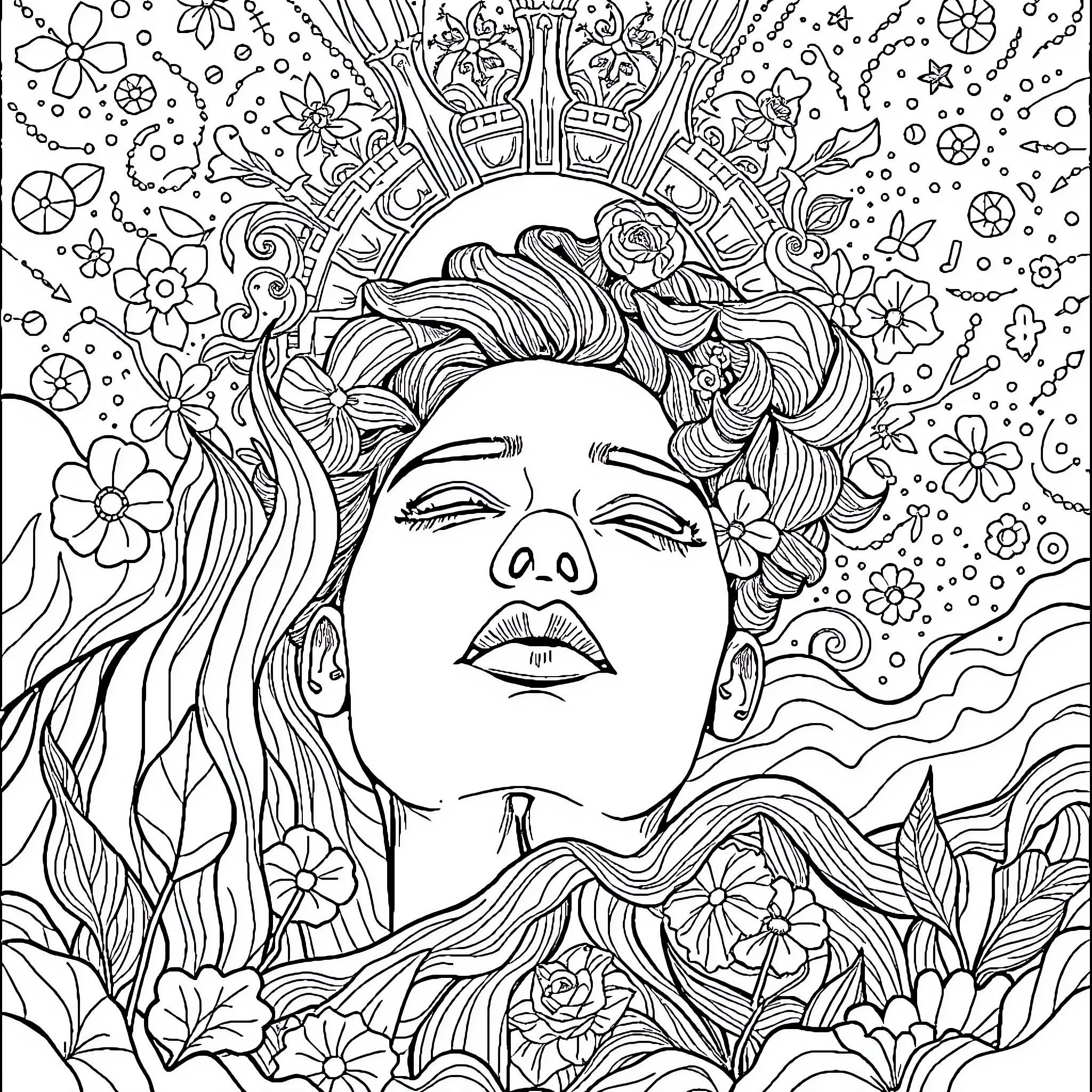 Spiritual Serenity: A Floral Reverie Coloring Page (free black-and-white line drawing printable PDF for all, from beginners to advanced learners, including children, teens, adults, and seniors)