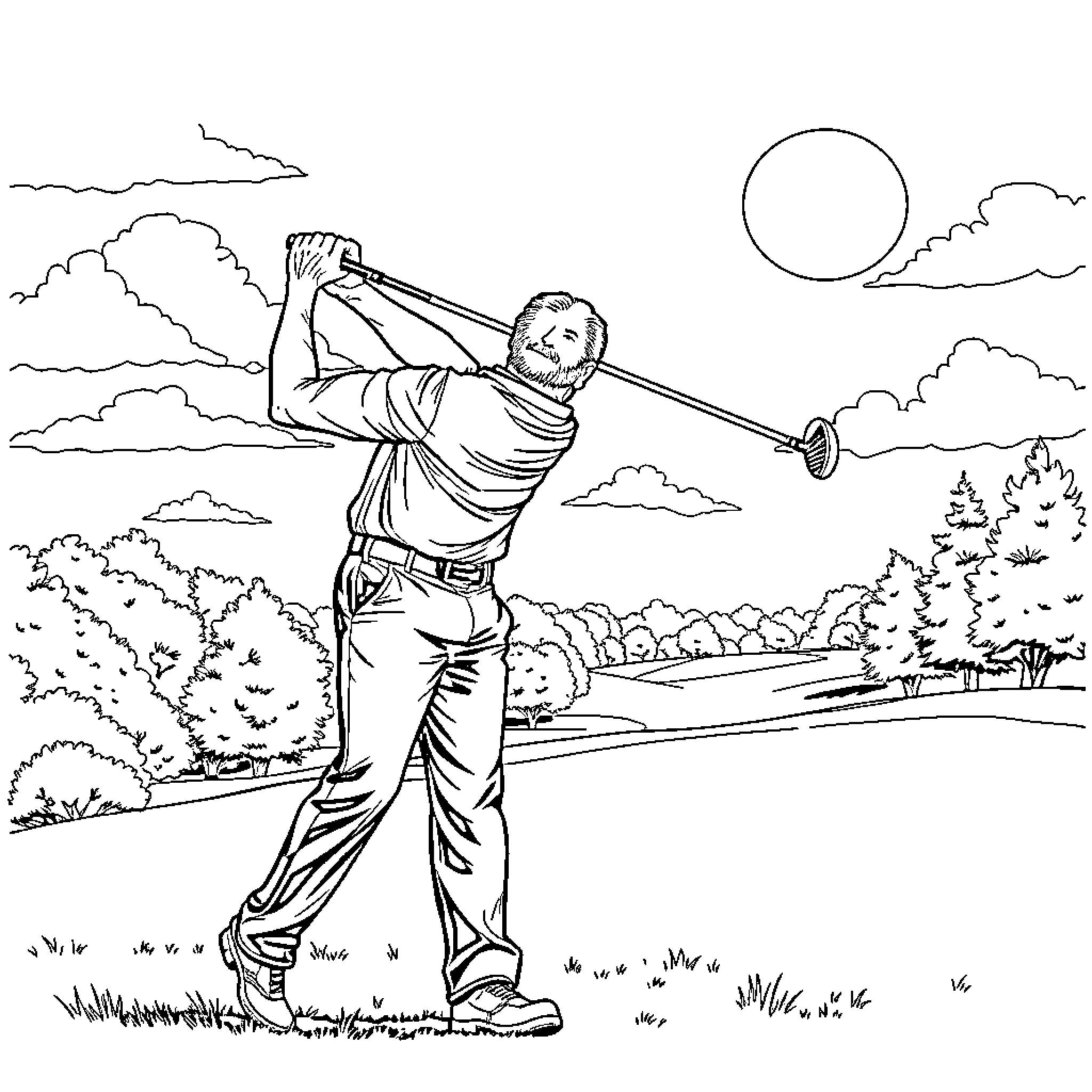 Dean Winchester golfing in the countryside Coloring Page (free black-and-white line drawing printable PDF for all, from beginners to advanced learners, including children, teens, adults, and seniors)