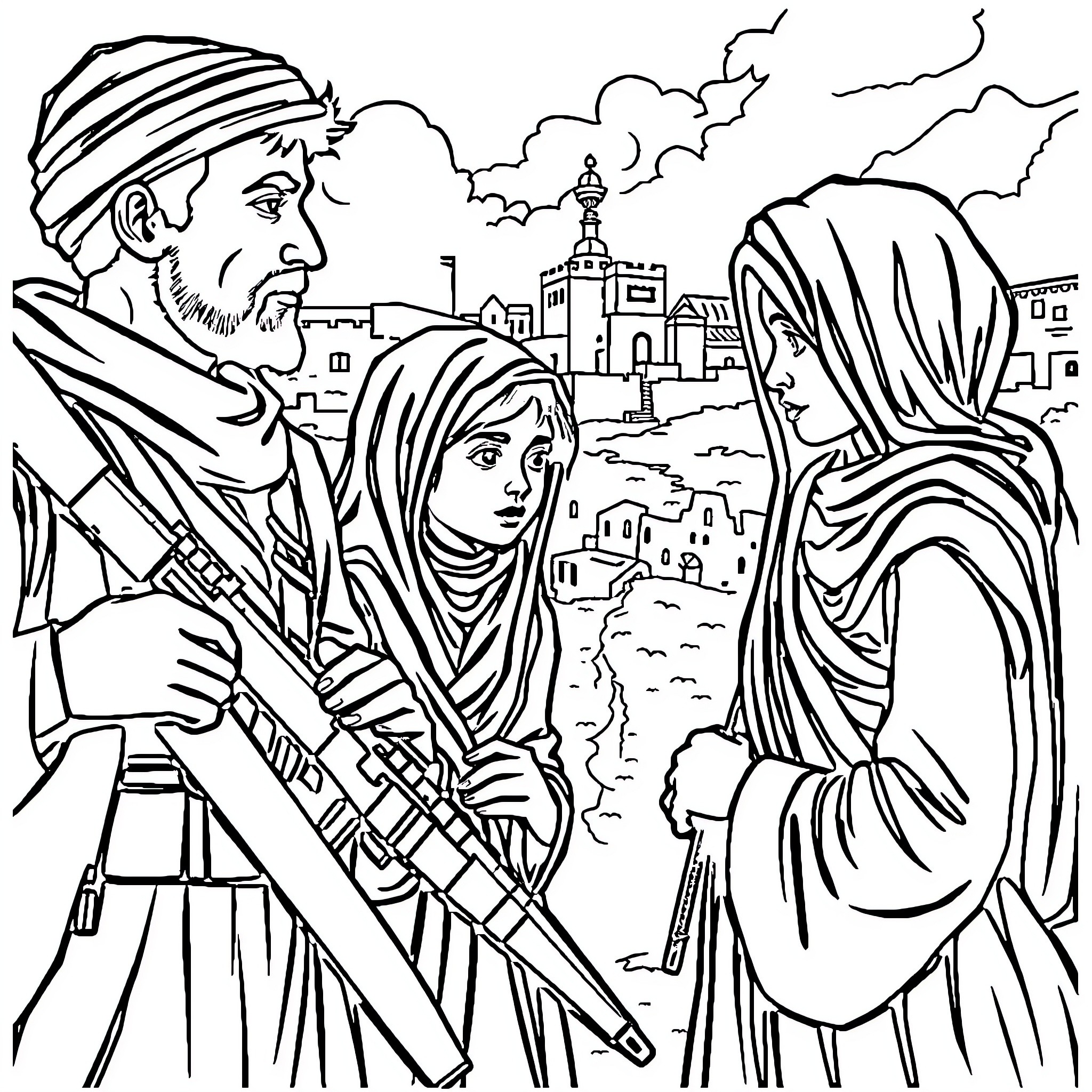 Family of Middle Eastern Figures in Traditional Clothing Coloring Page (free black-and-white line drawing printable PDF for all, from beginners to advanced learners, including children, teens, adults, and seniors)