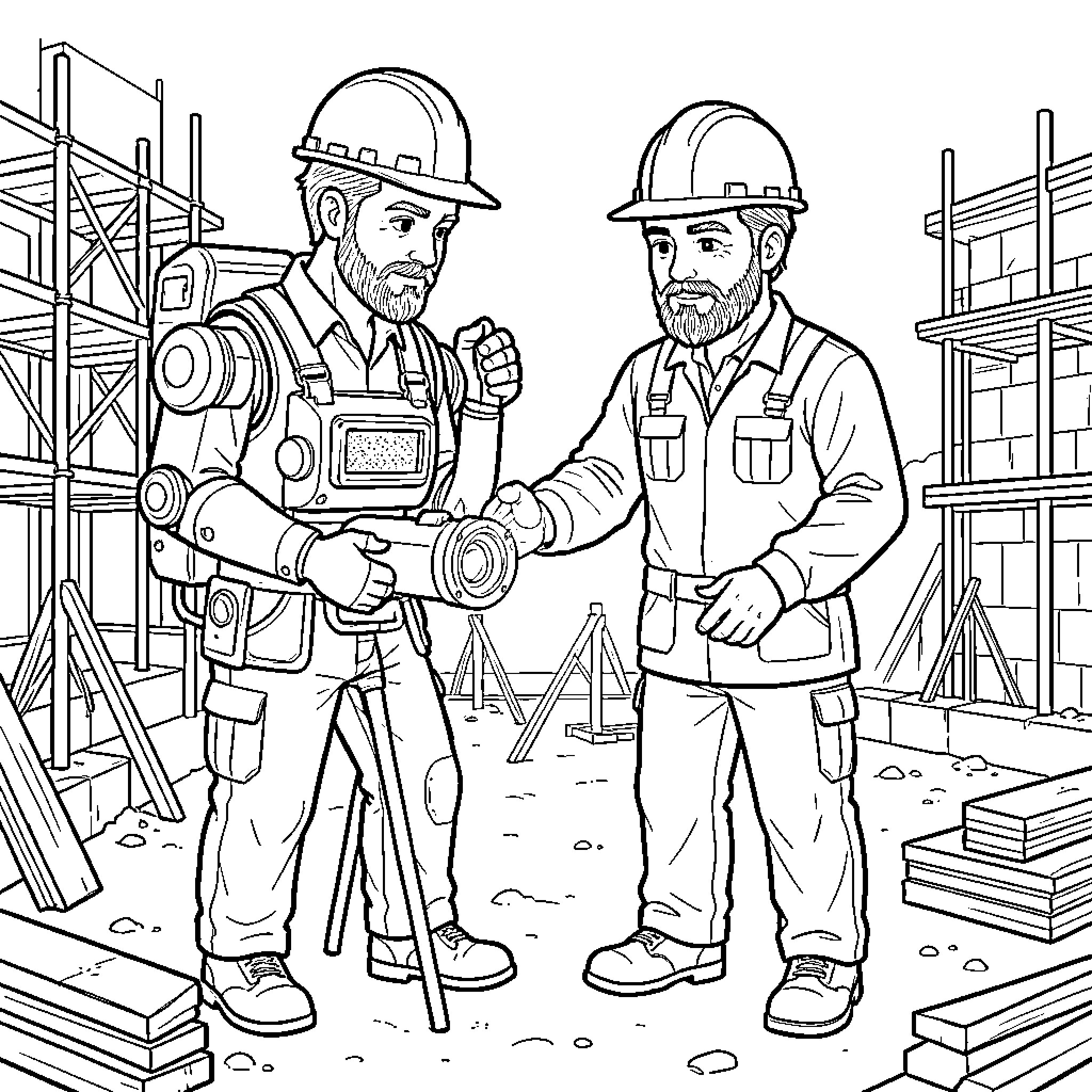 Minero Construction Workers Collaborating on Site Coloring Page (free black-and-white line drawing printable PDF for all, from beginners to advanced learners, including children, teens, adults, and seniors)