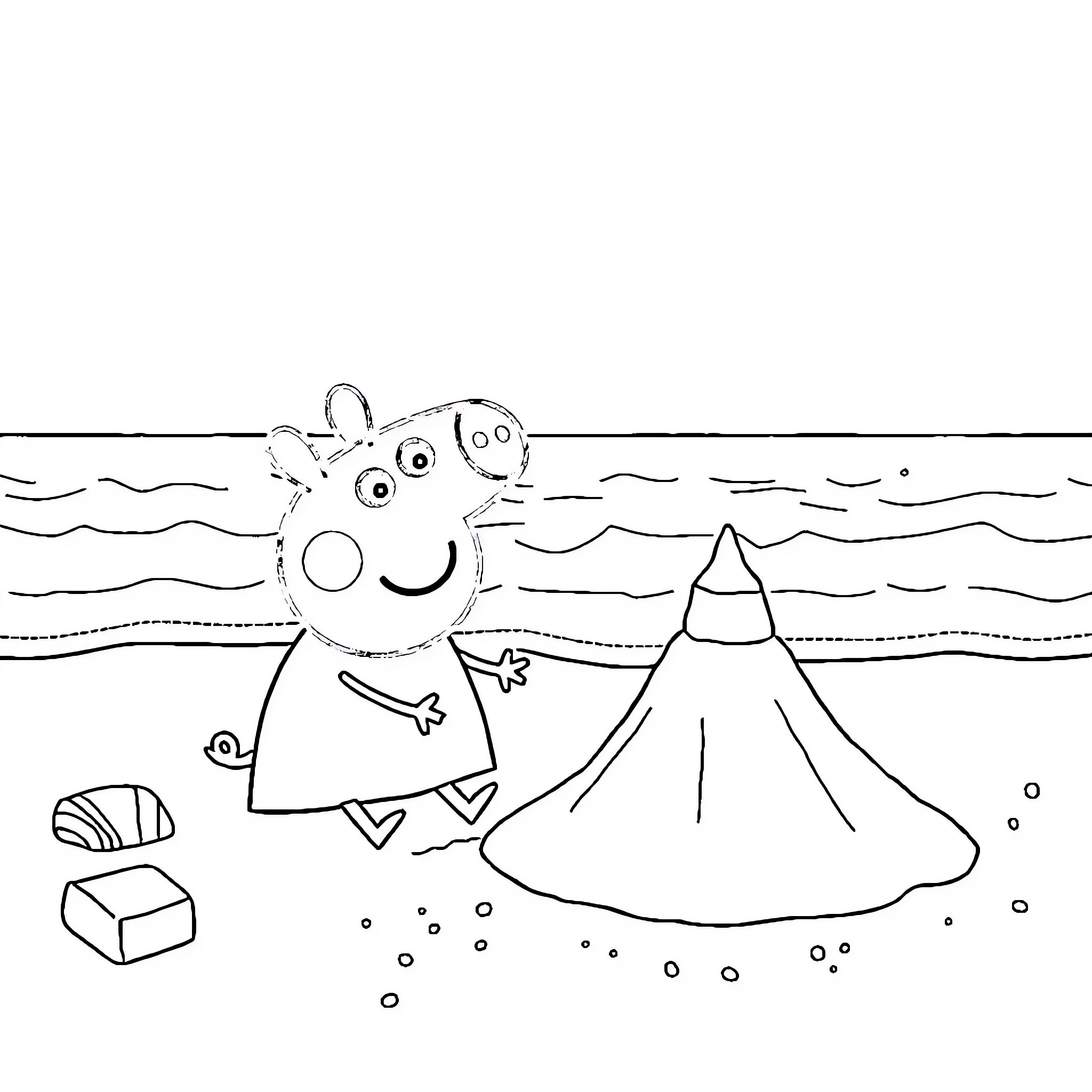 Bluey playing at the beach with a sailboat Coloring Page (free black-and-white line drawing printable PDF for all, from beginners to advanced learners, including children, teens, adults, and seniors)
