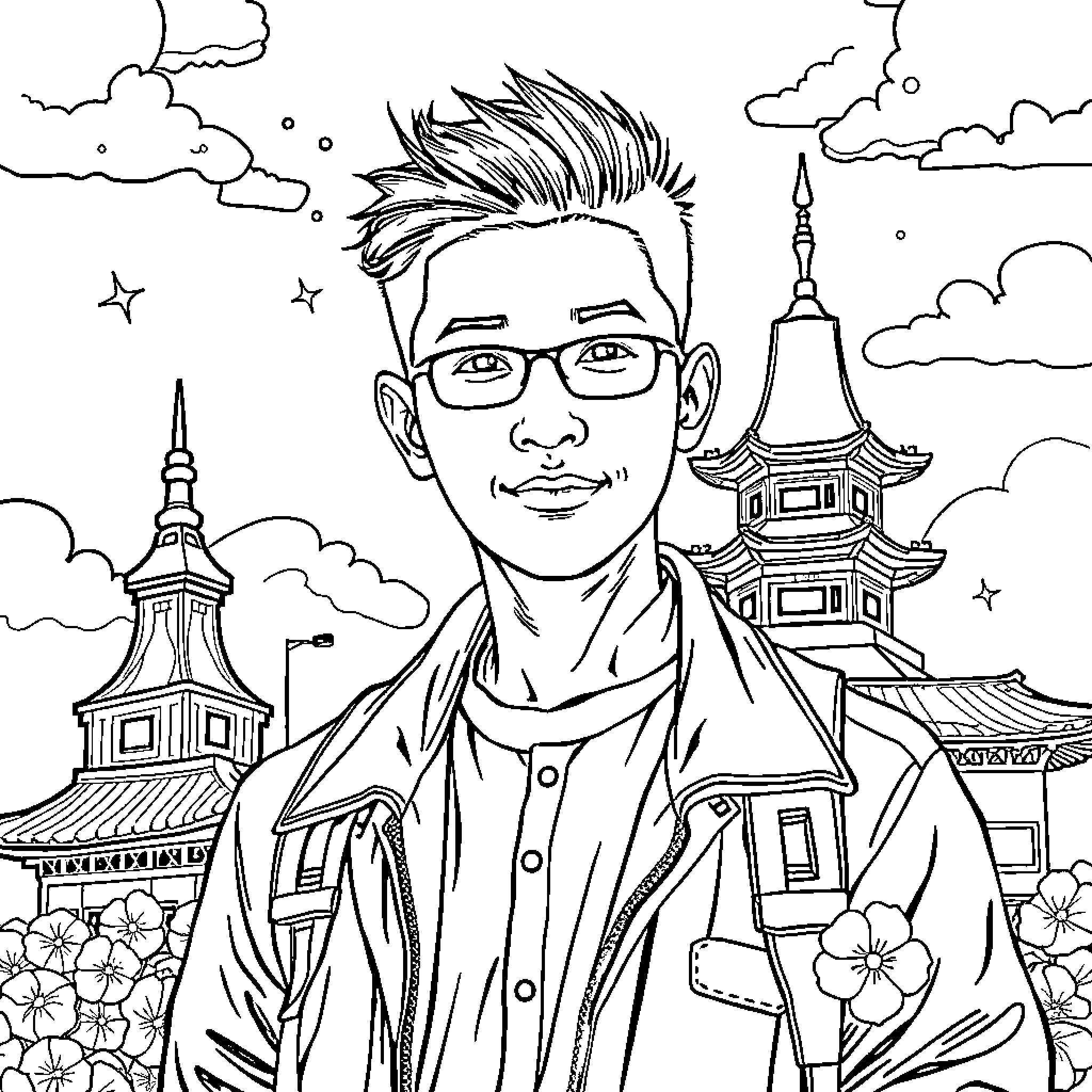 Hu Yetao in a cheerful pose against a scenic background Coloring Page (free black-and-white line drawing printable PDF for all, from beginners to advanced learners, including children, teens, adults, and seniors)