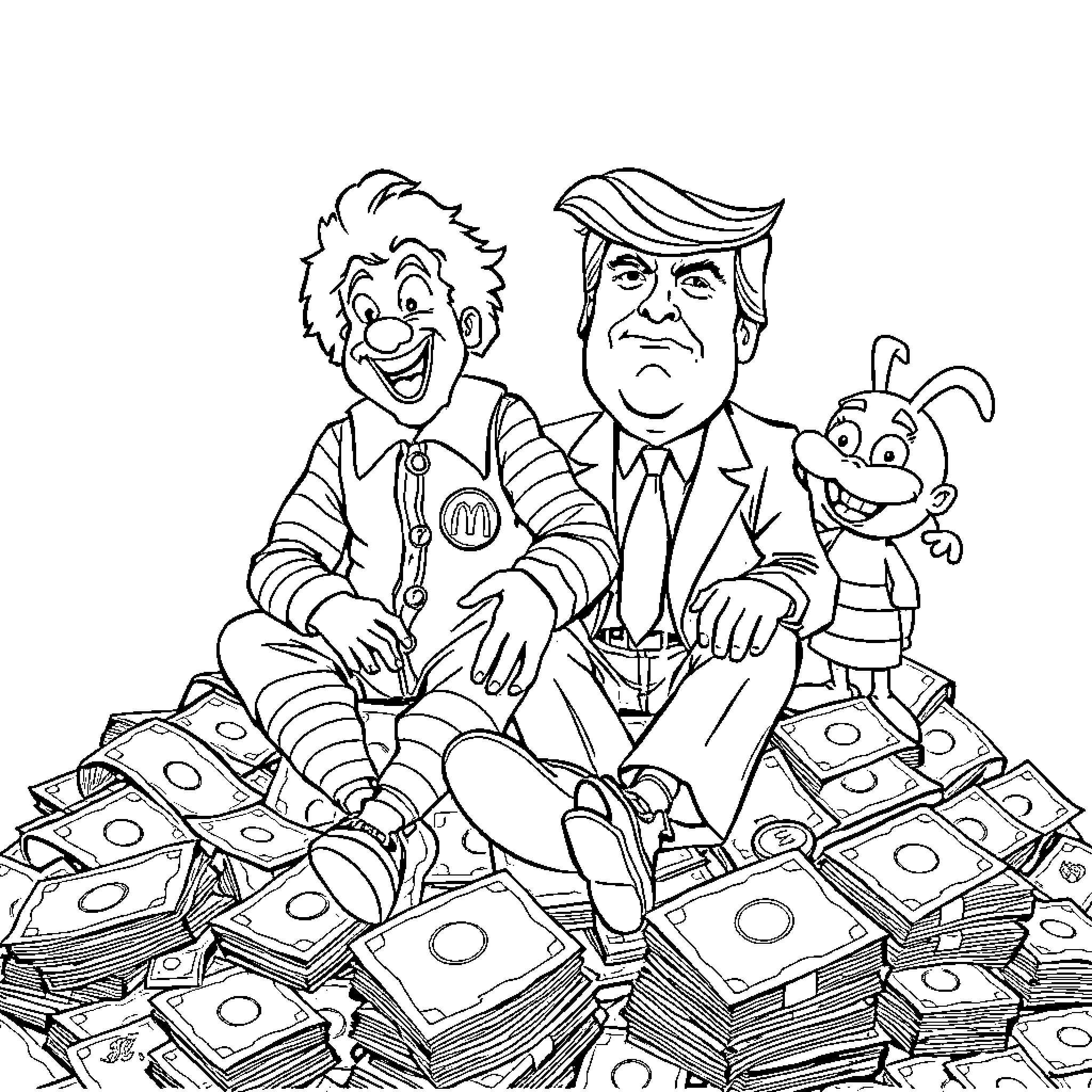 Ronald McDonald and Trump sitting on piles of money Coloring Page (free black-and-white line drawing printable PDF for all, from beginners to advanced learners, including children, teens, adults, and seniors)