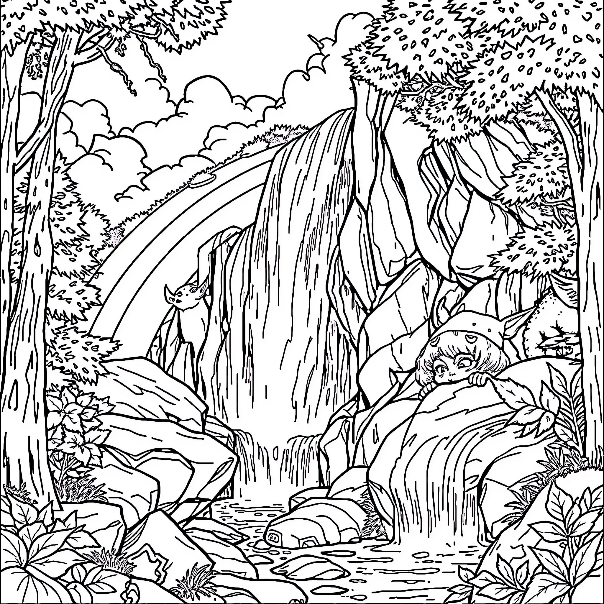 Waterfall in a lush forest landscape Coloring Page (free black-and-white line drawing printable PDF for all, from beginners to advanced learners, including children, teens, adults, and seniors)