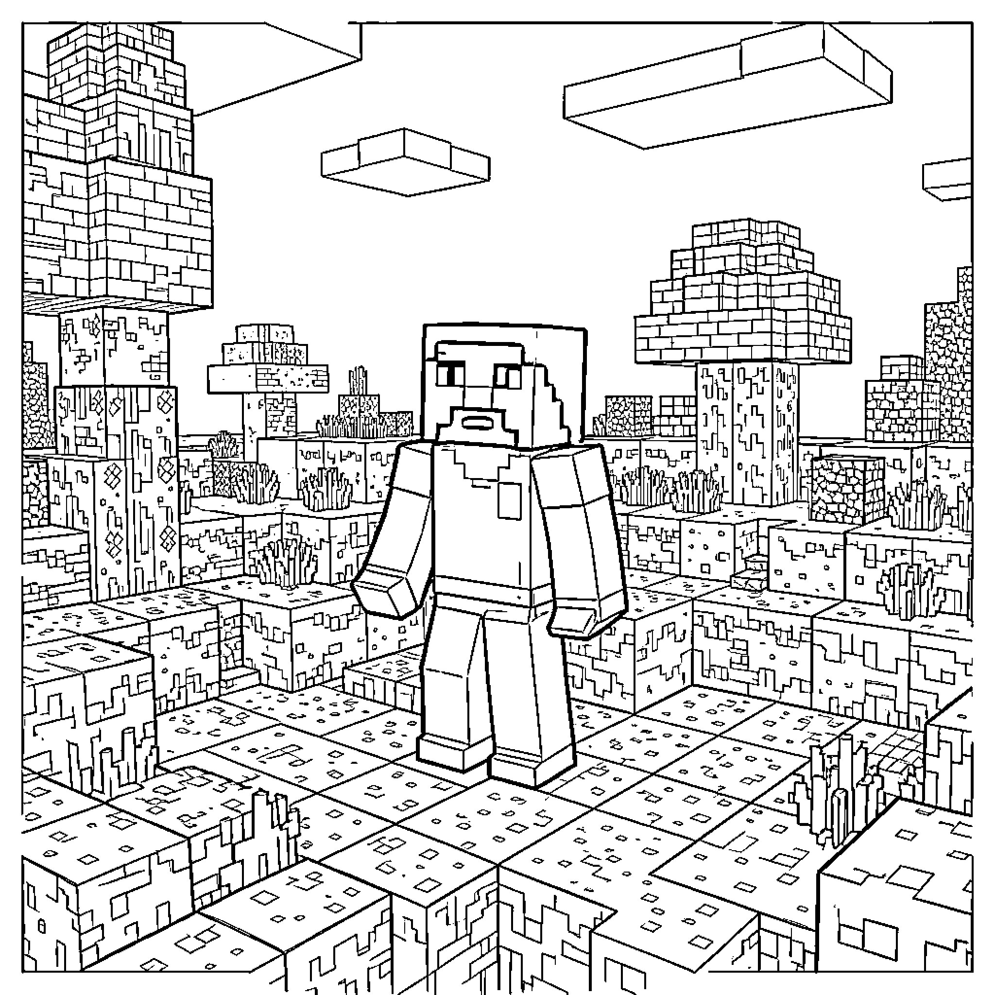 Avatar character standing in a blocky landscape Coloring Page (free black-and-white line drawing printable PDF for all, from beginners to advanced learners, including children, teens, adults, and seniors)